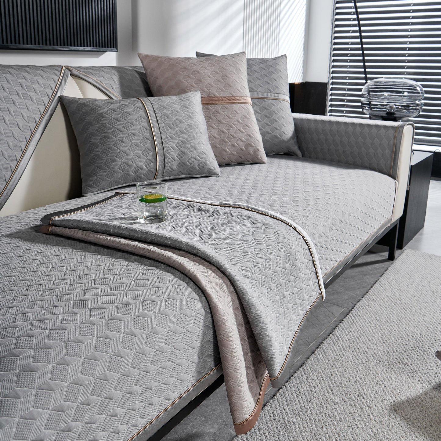 Geometric 3D Sofa Cover, Non-Slip Couch Protector for Seat, Backrest & Armrest with diamond pattern in a modern living room setting.