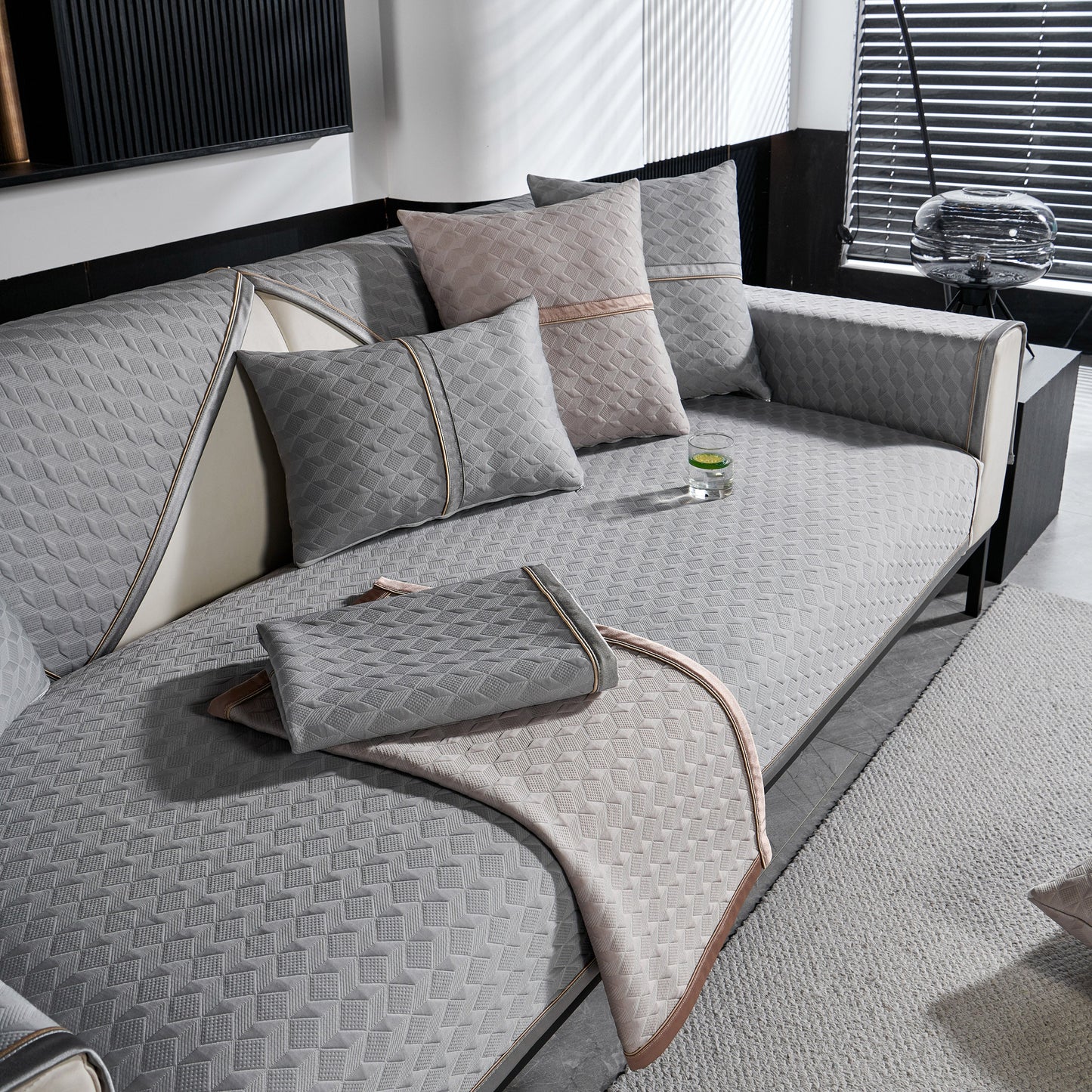 Geometric 3D Sofa Cover, Non-Slip Couch Protector for Seat, Backrest & Armrest in luxury living space.