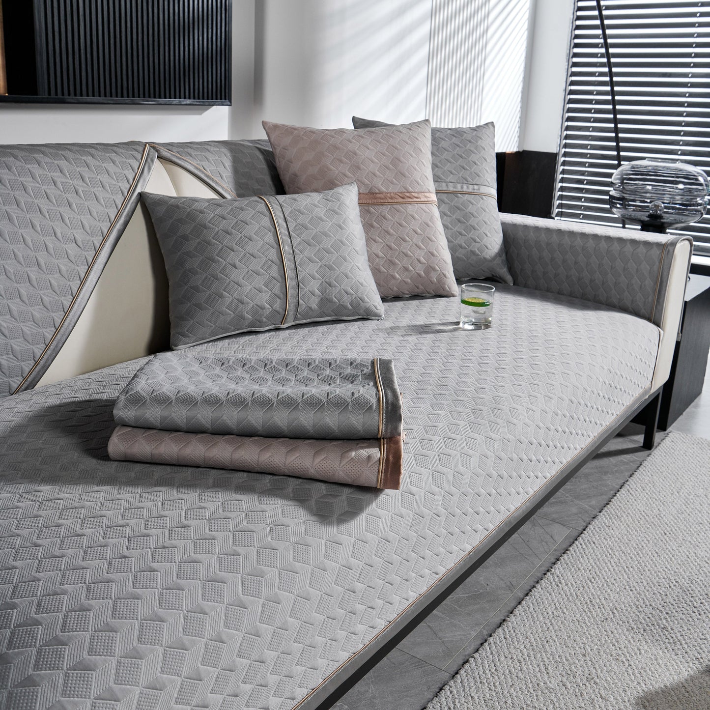 Geometric 3D Sofa Cover, Non-Slip Couch Protector for Seat, Backrest & Armrest with jacquard-woven diamond pattern in living room.