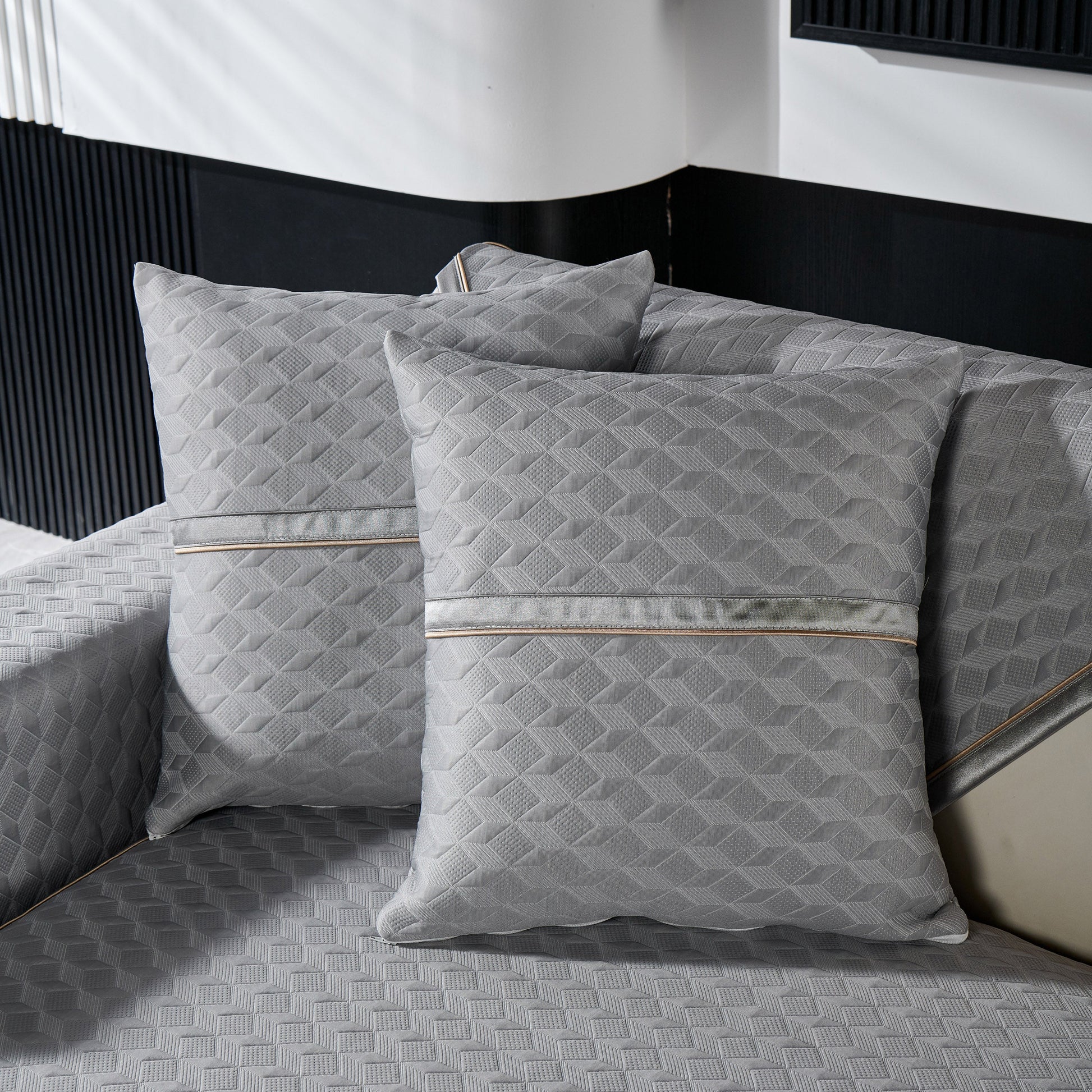 Geometric 3D Sofa Cover, Non-Slip Couch Protector for Seat, Backrest & Armrest with quilted diamond pattern in grey.