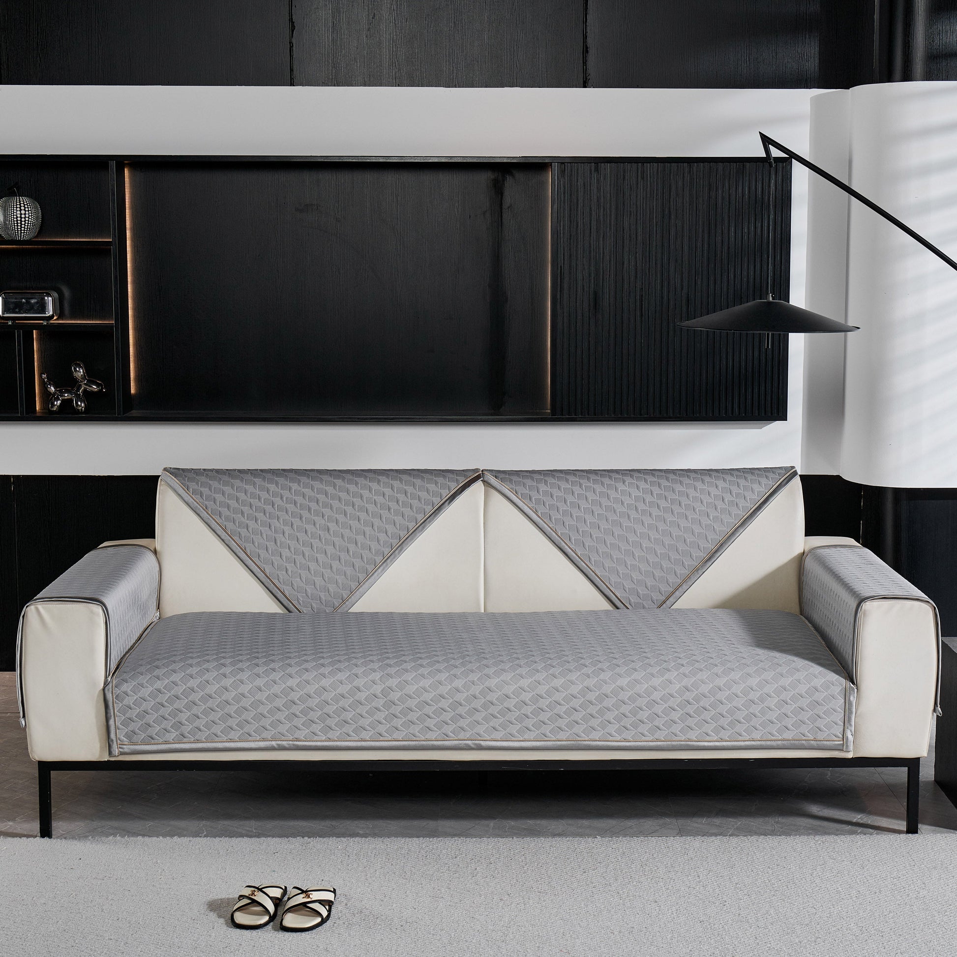 Elegant living room setup featuring a Geometric 3D Sofa Cover, Non-Slip Couch Protector for Seat, Backrest & Armrest with diamond pattern.