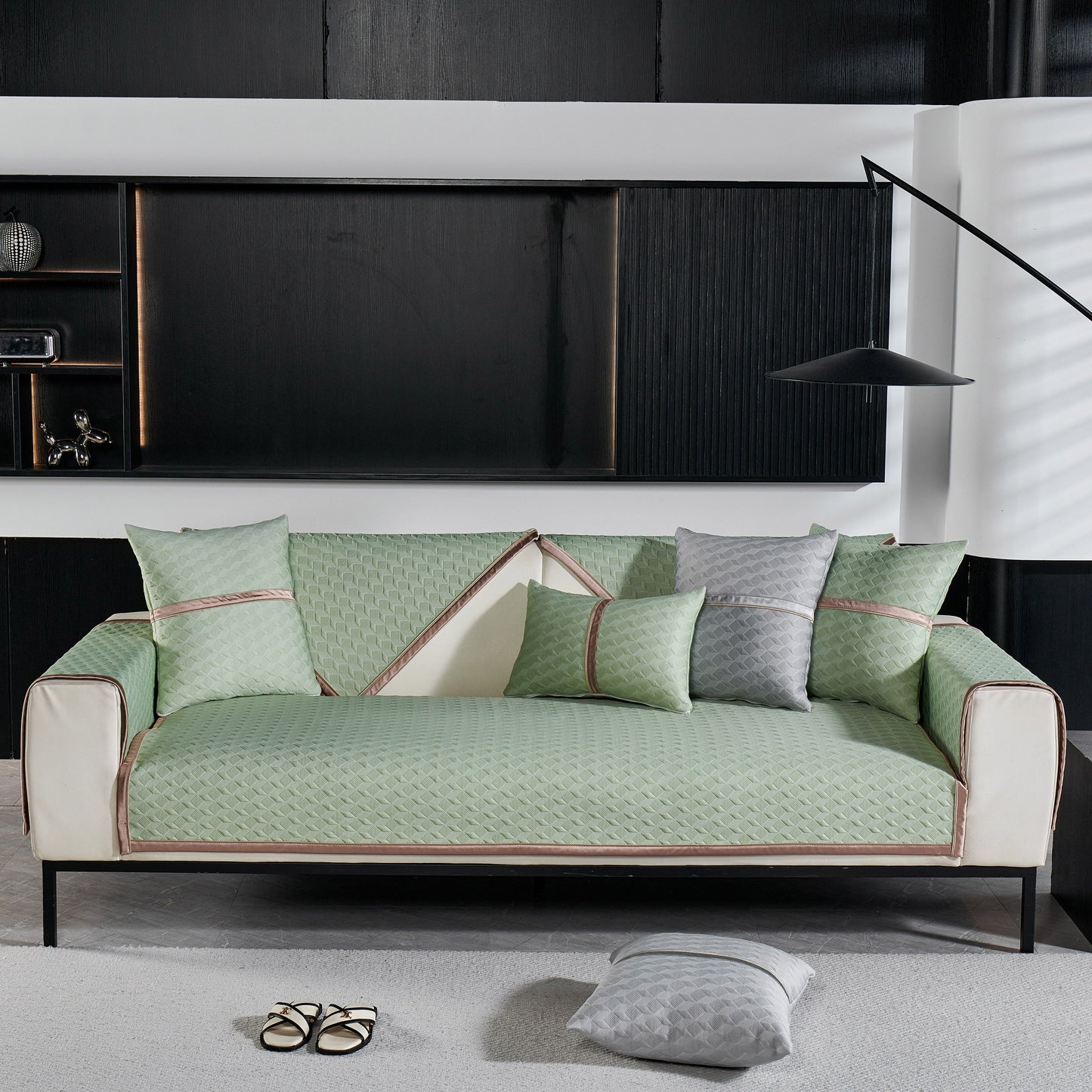 Geometric 3D Sofa Cover, Non-Slip Couch Protector for Seat, Backrest & Armrest in a modern living room setting.
