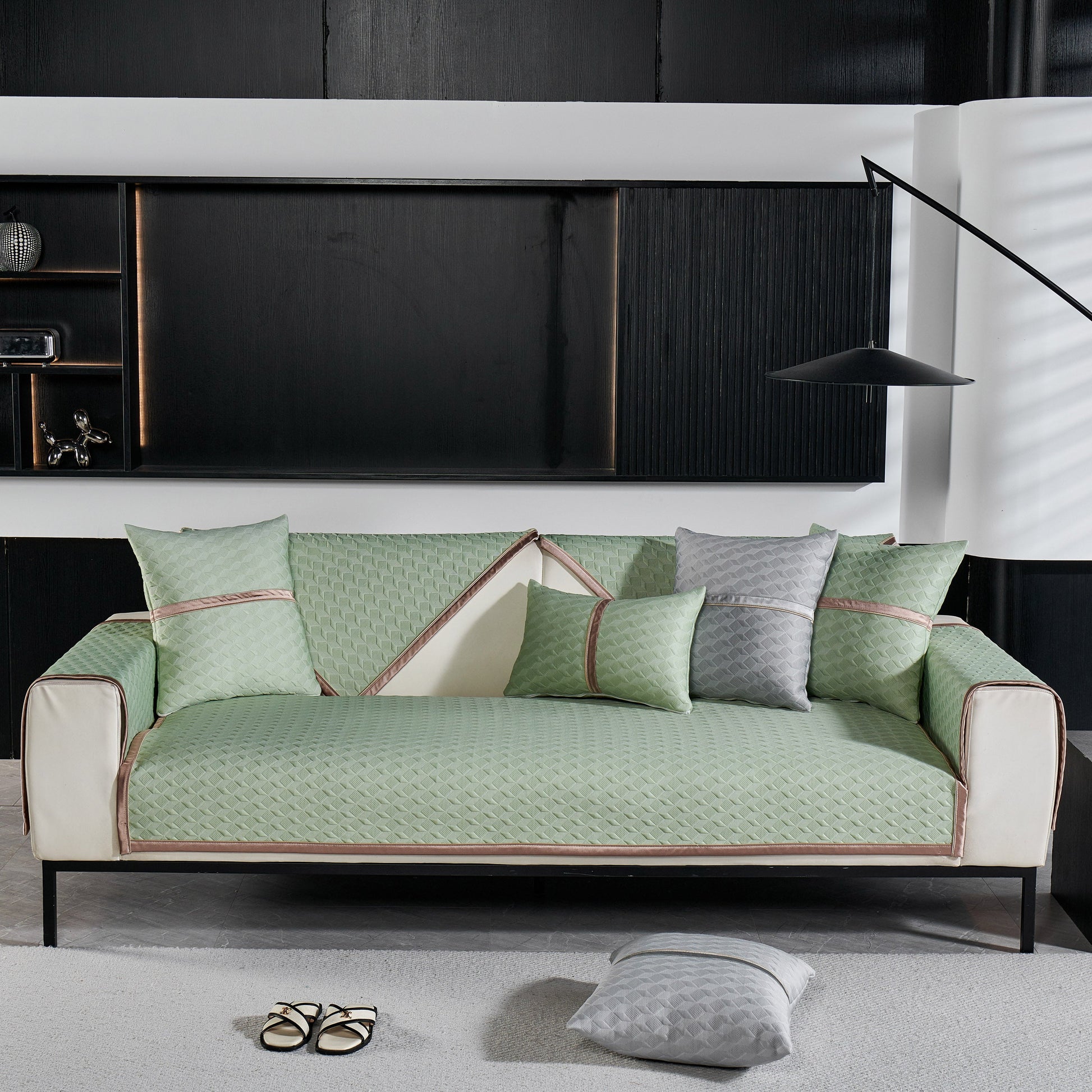 Geometric 3D Sofa Cover, Non-Slip Couch Protector for Seat, Backrest & Armrest in a modern living room setting.