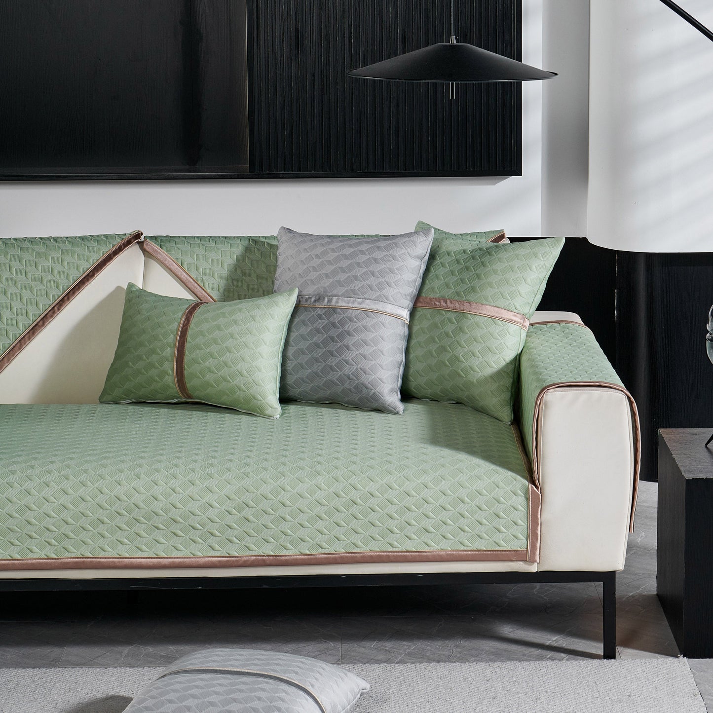 Geometric 3D Sofa Cover, Non-Slip Couch Protector for Seat, Backrest & Armrest in elegant diamond quilted design on sofa.