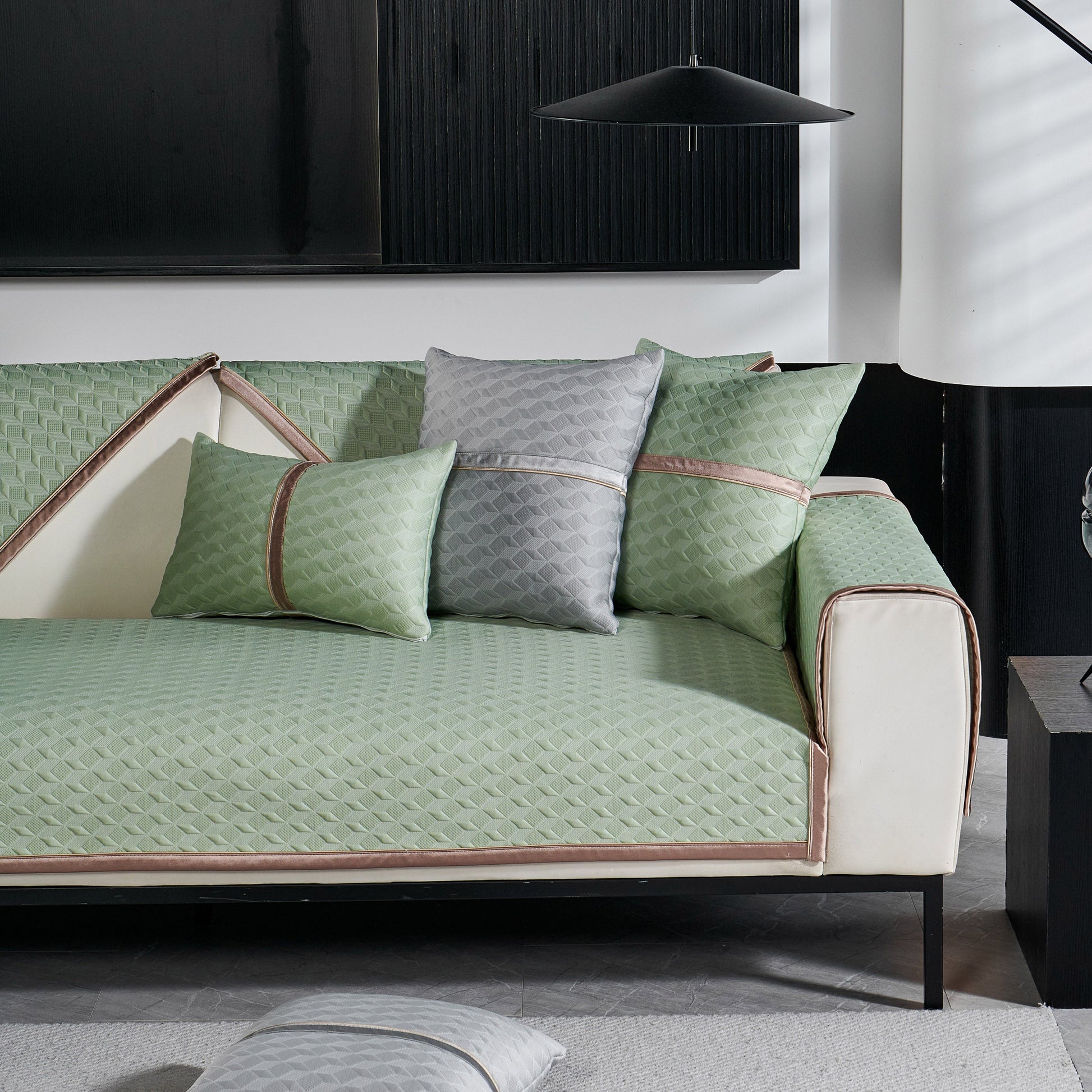 Geometric 3D Sofa Cover, Non-Slip Couch Protector for Seat, Backrest & Armrest in elegant diamond quilted design on sofa.