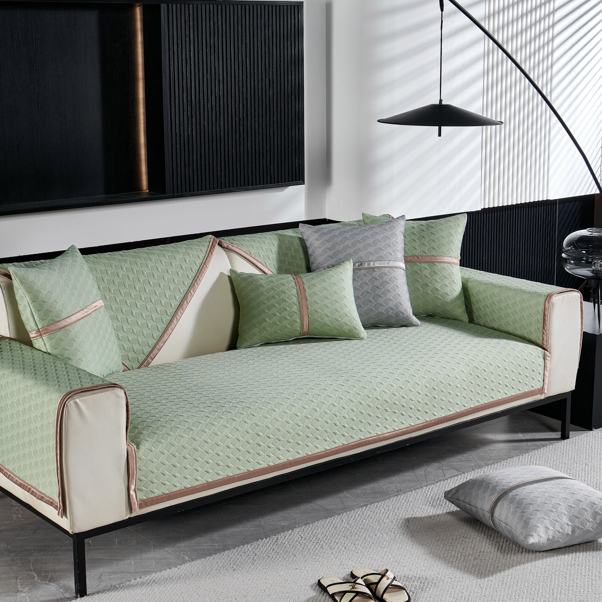 Geometric 3D Sofa Cover, Non-Slip Couch Protector for Seat, Backrest & Armrest with luxury diamond pattern in modern living room.