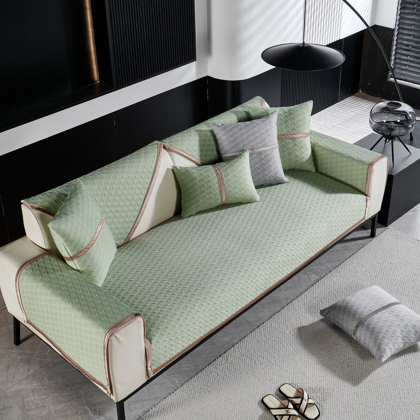 Geometric 3D Sofa Cover, Non-Slip Couch Protector for Seat, Backrest & Armrest in elegant diamond quilted pattern on a modern sofa.