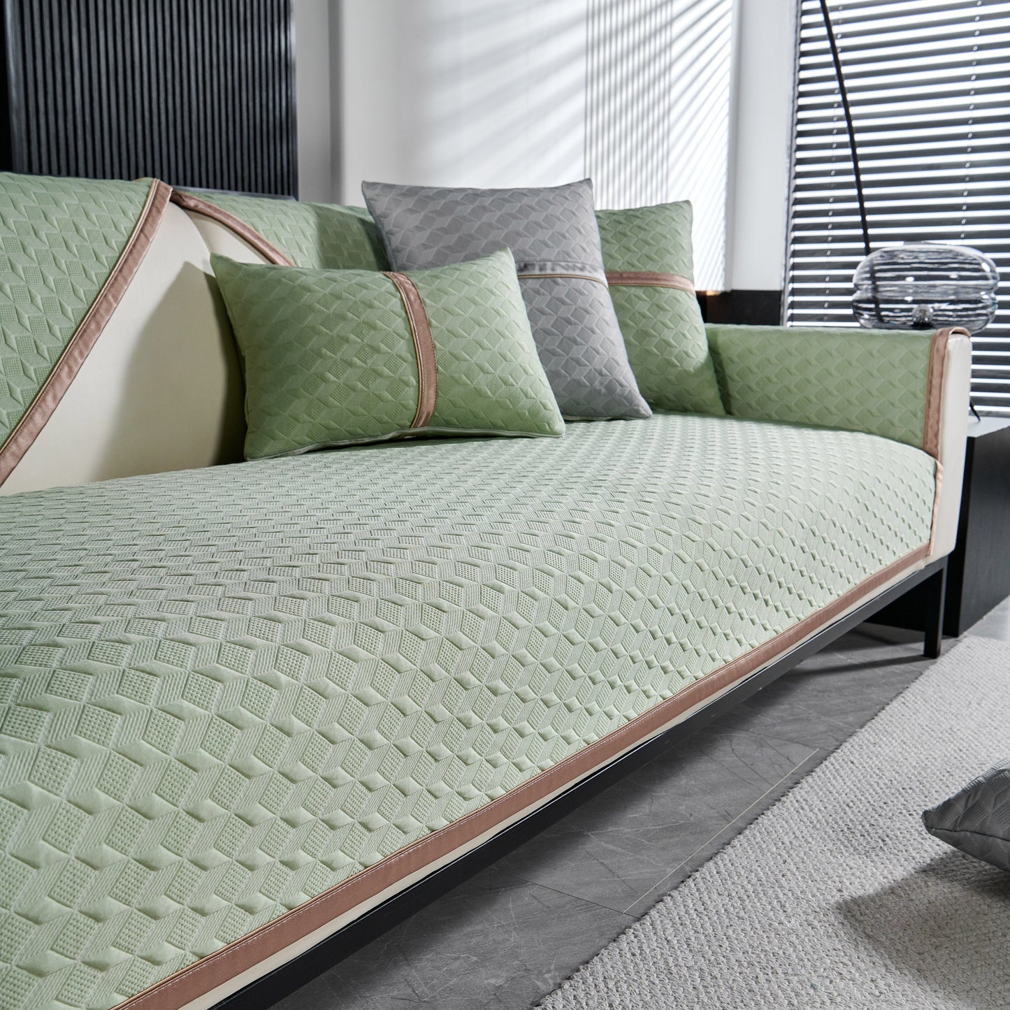 Geometric 3D Sofa Cover, Non-Slip Couch Protector for Seat, Backrest & Armrest in elegant diamond pattern.