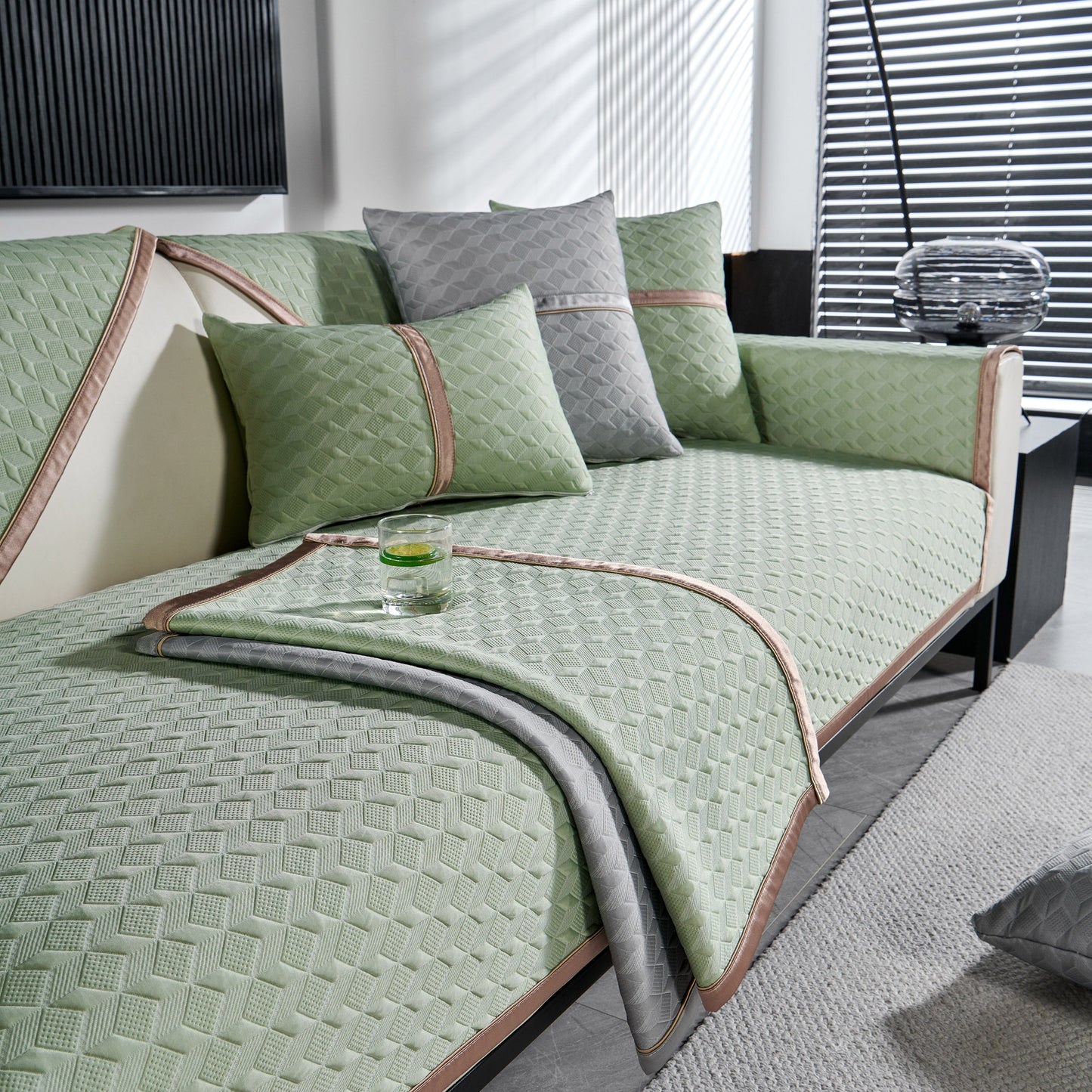 Geometric 3D Sofa Cover, Non-Slip Couch Protector in living room setting