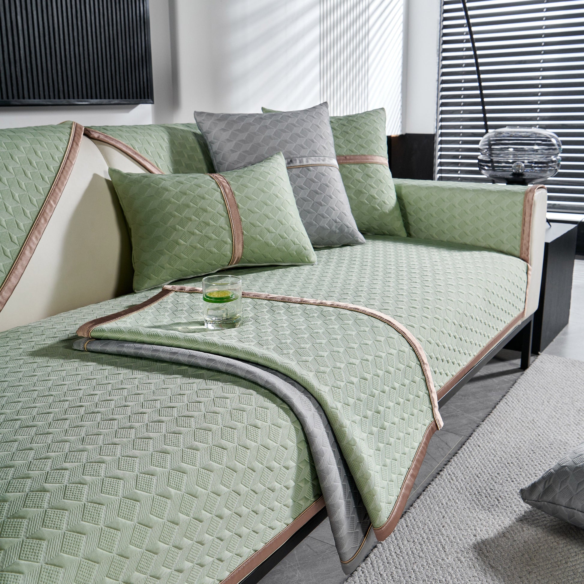 Geometric 3D Sofa Cover, Non-Slip Couch Protector in living room setting