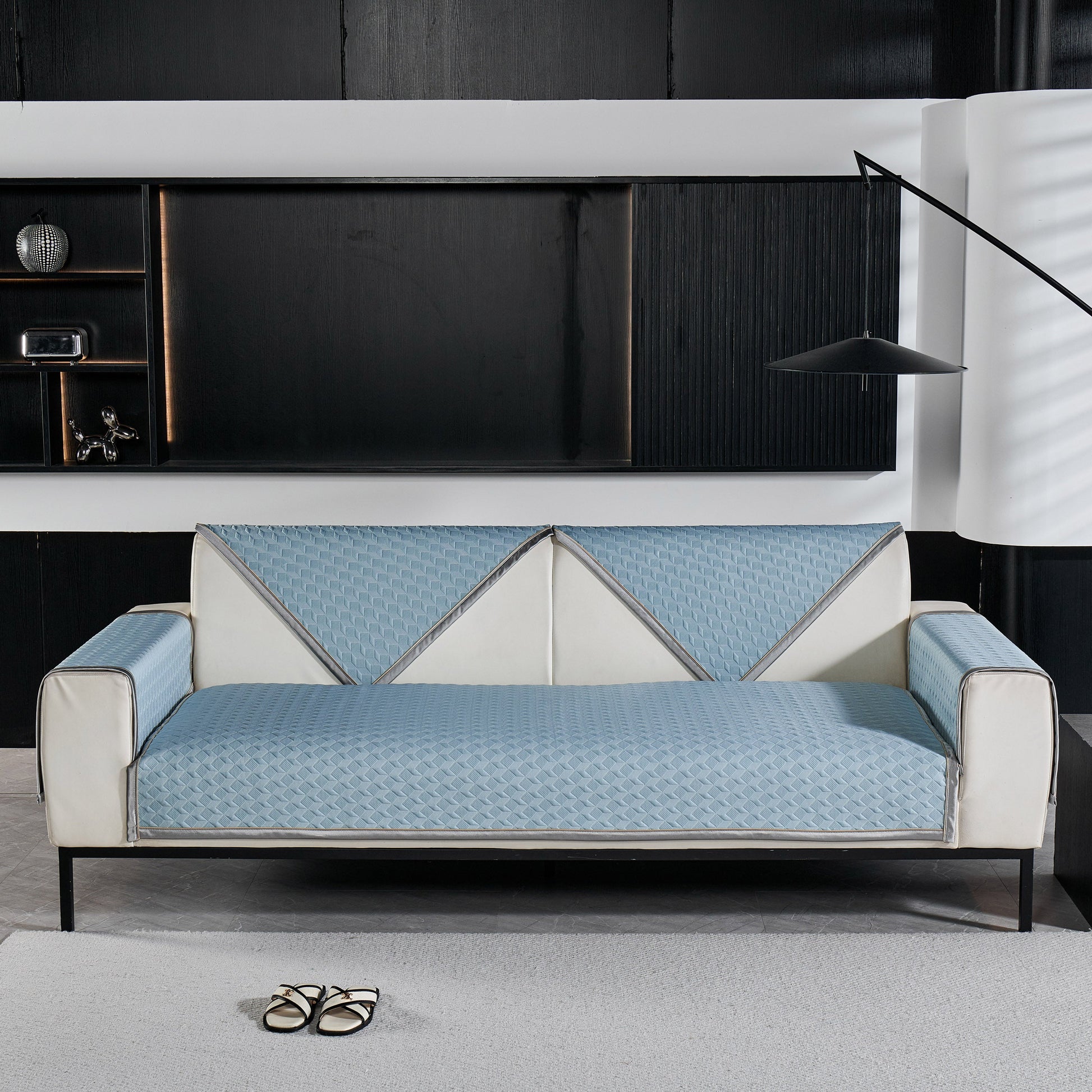 Geometric 3D Sofa Cover, Non-Slip Couch Protector for Seat, Backrest & Armrest with diamond pattern in stylish living room.