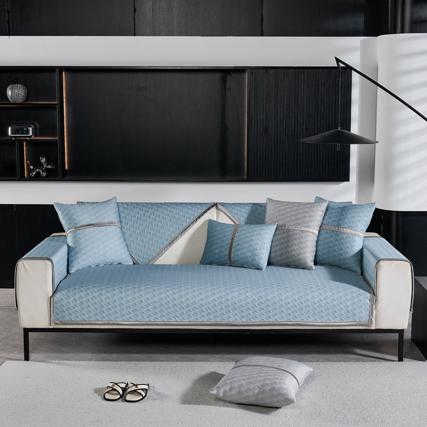 Geometric 3D Sofa Cover, Non-Slip Couch Protector for Seat, Backrest & Armrest displayed on a modern sofa with decorative pillows.