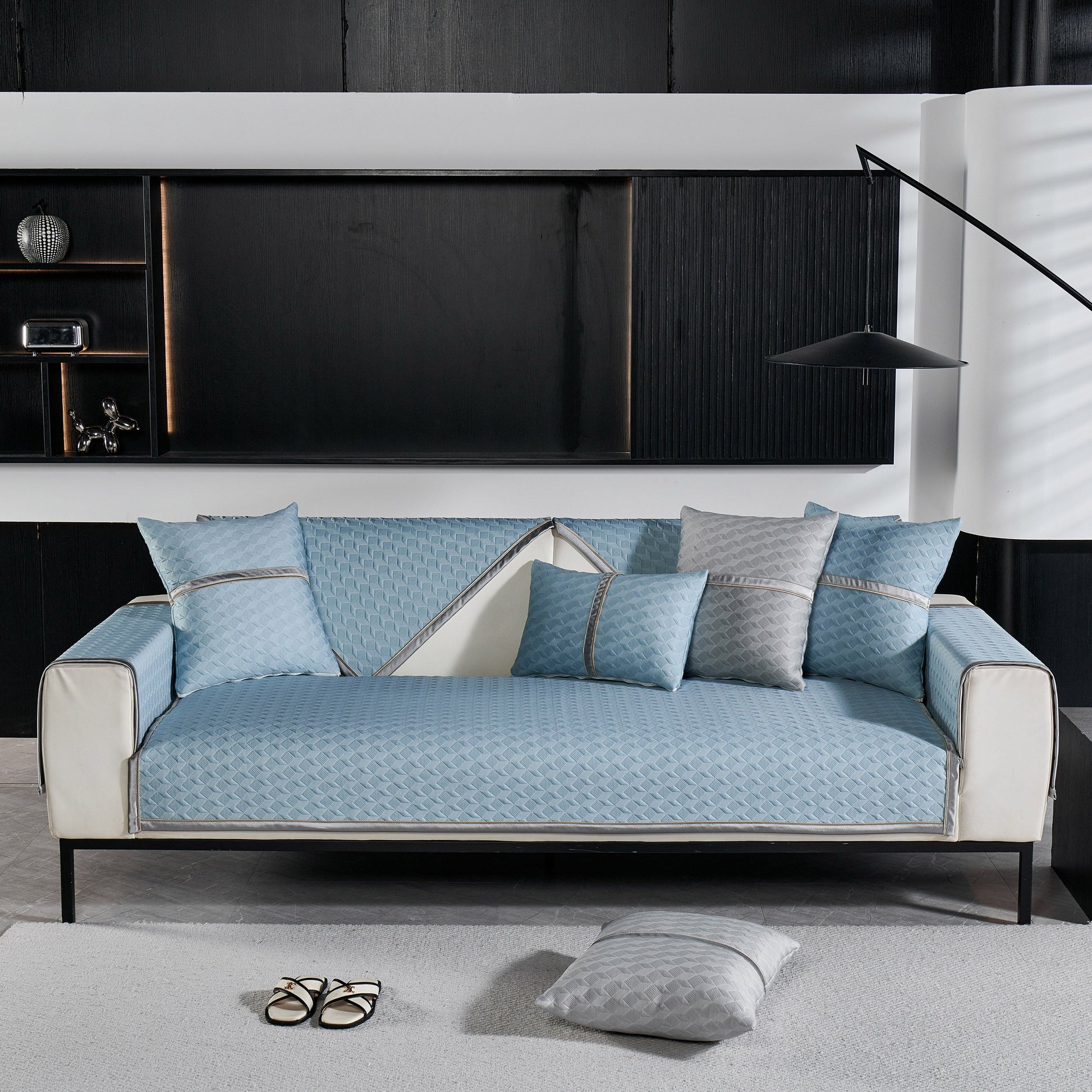 Geometric 3D Sofa Cover, Non-Slip Couch Protector for Seat, Backrest & Armrest displayed on a modern sofa with decorative pillows.