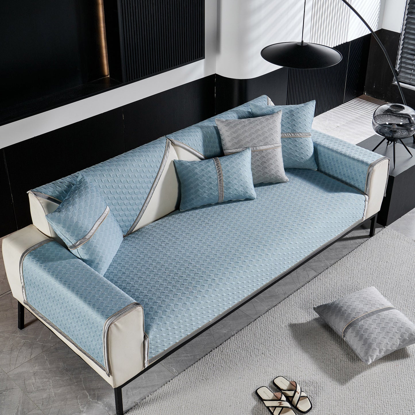 Geometric 3D Sofa Cover, Non-Slip Couch Protector for Seat, Backrest & Armrest in luxury diamond quilted pattern on modern sofa
