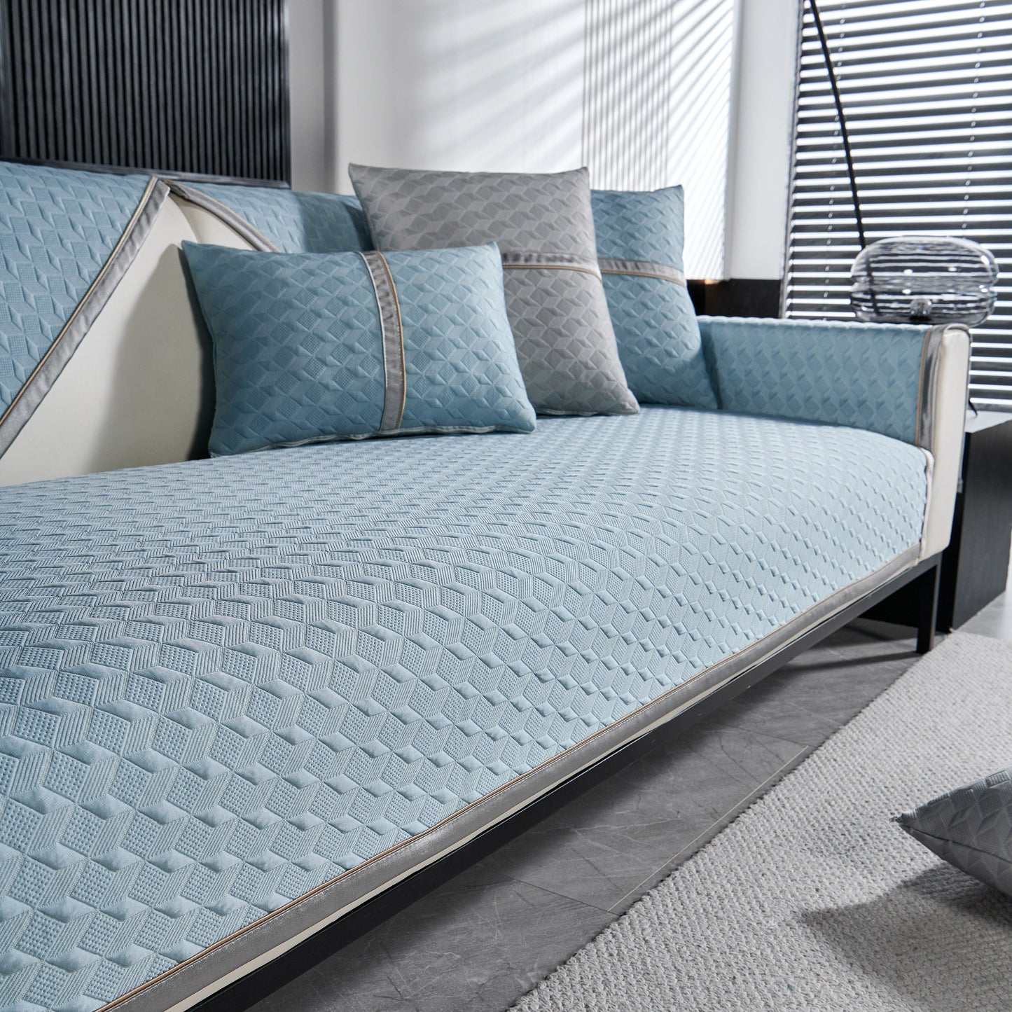 Geometric 3D Sofa Cover, Non-Slip Couch Protector for Seat, Backrest & Armrest in stylish diamond quilted pattern.