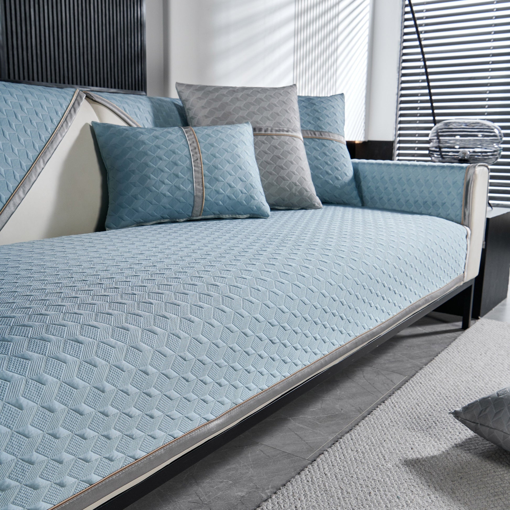 Geometric 3D Sofa Cover, Non-Slip Couch Protector for Seat, Backrest & Armrest in stylish diamond quilted pattern.