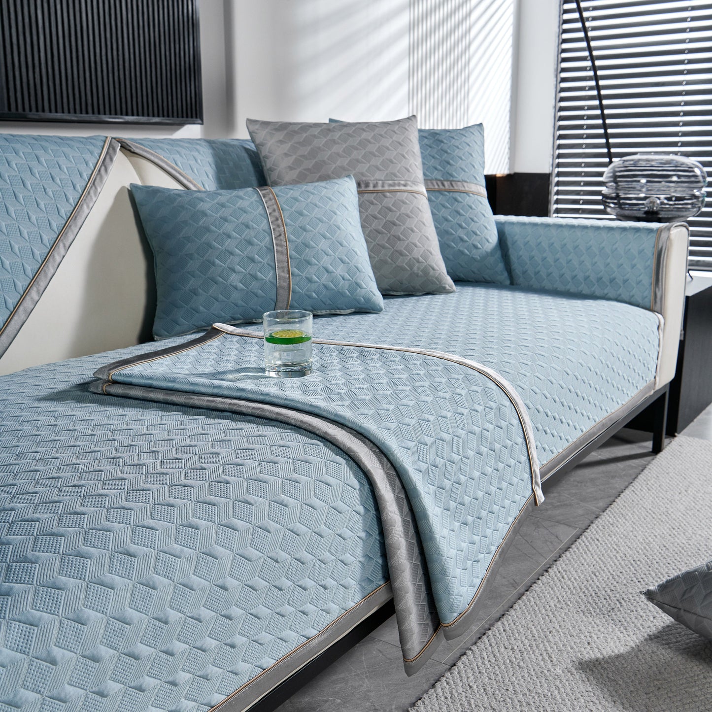 Geometric 3D Sofa Cover, Non-Slip Couch Protector for Seat, Backrest & Armrest with diamond quilted design in living room setting