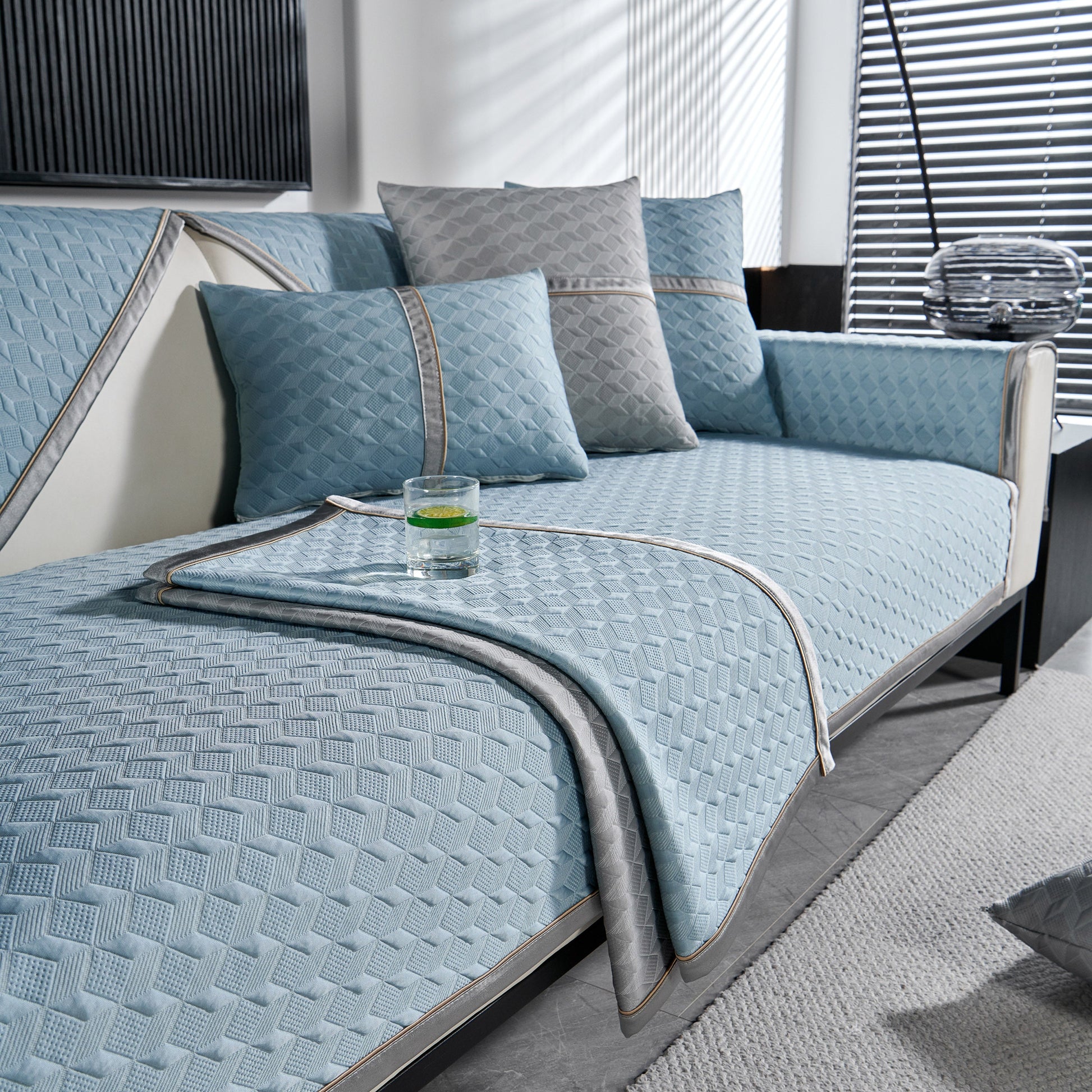 Geometric 3D Sofa Cover, Non-Slip Couch Protector for Seat, Backrest & Armrest with diamond quilted design in living room setting
