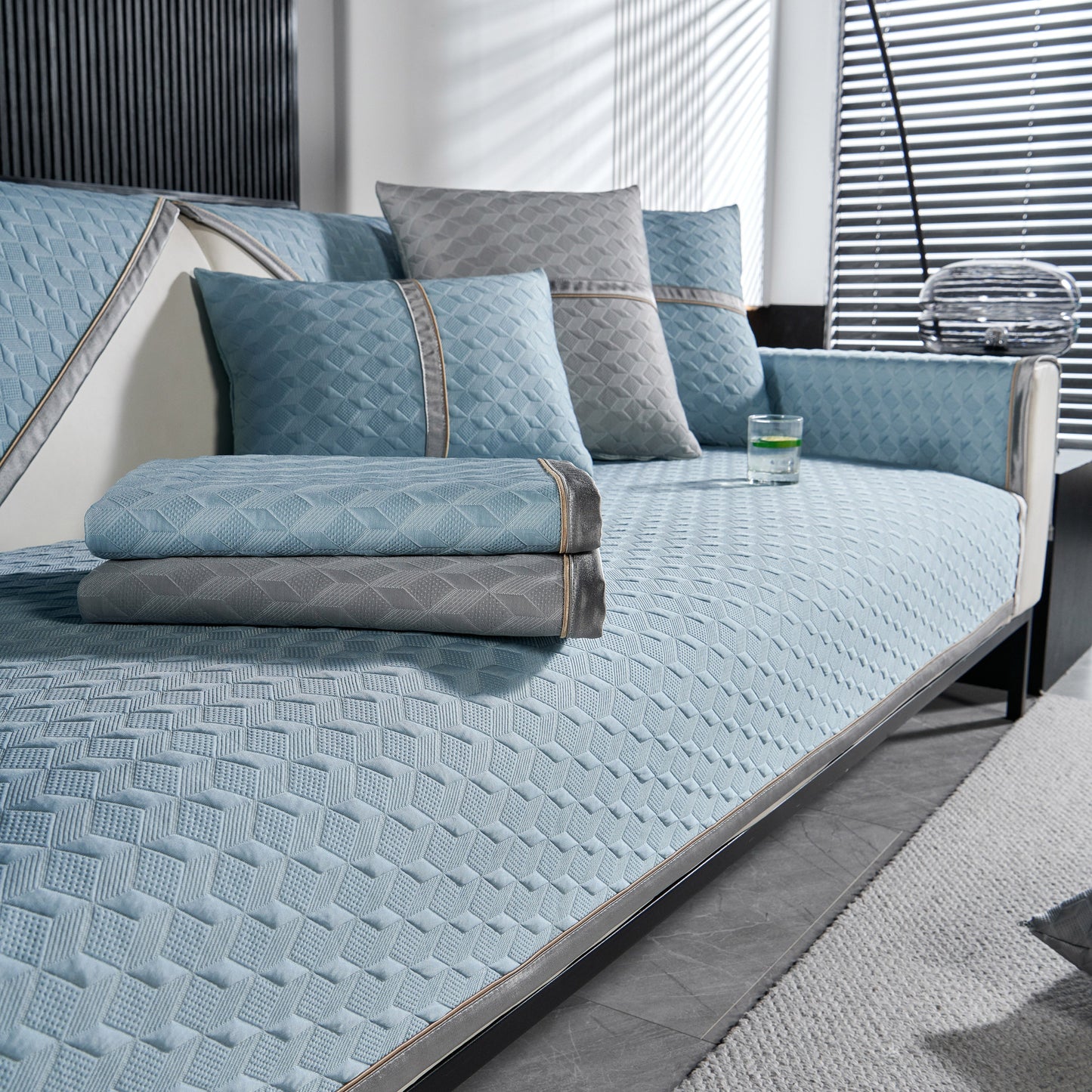 Luxury Geometric 3D Sofa Cover, Non-Slip Couch Protector for Seat, Backrest & Armrest showcased on a modern sofa.