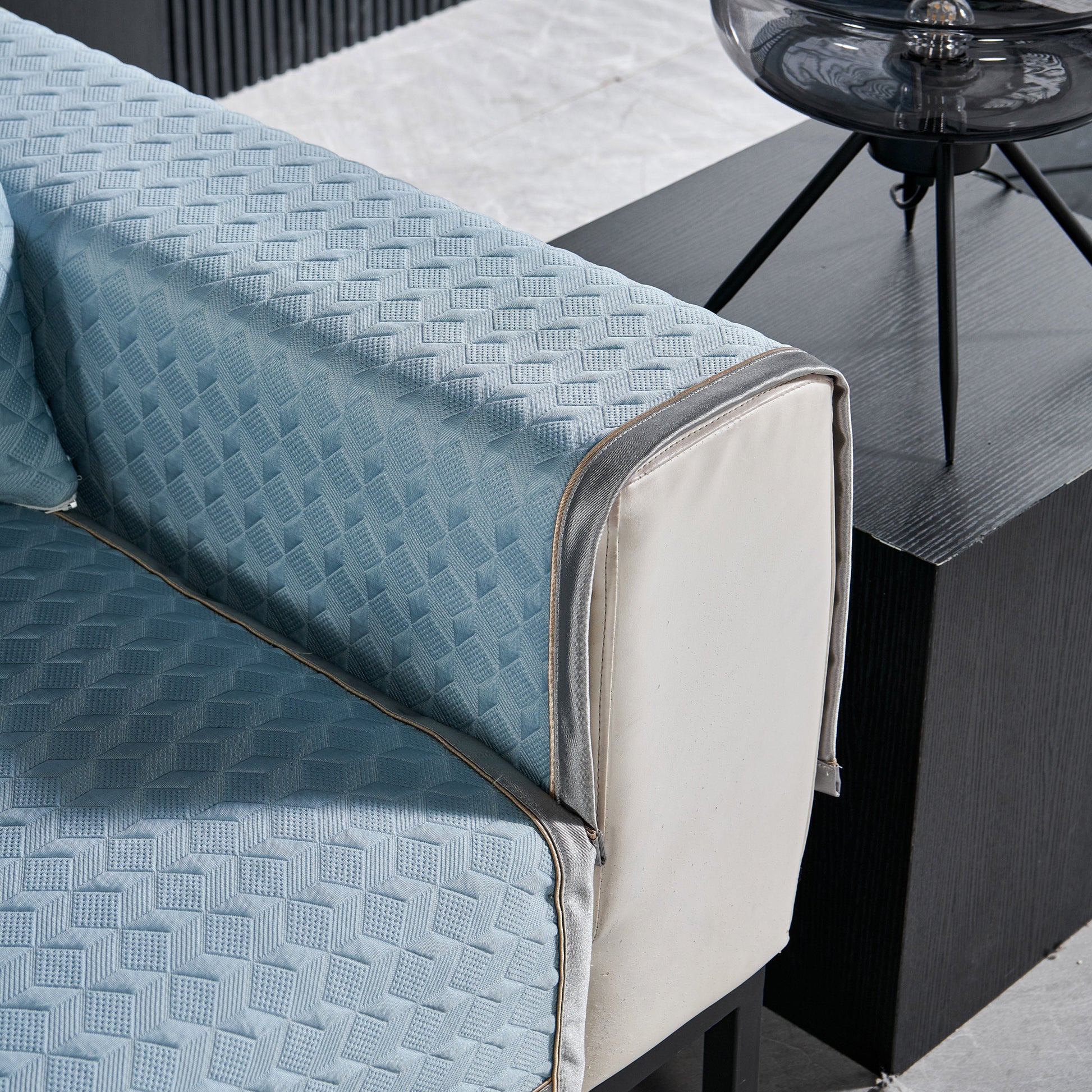 Geometric 3D Sofa Cover, Non-Slip Couch Protector for Seat, Backrest & Armrest in blue, showcasing diamond quilted pattern.