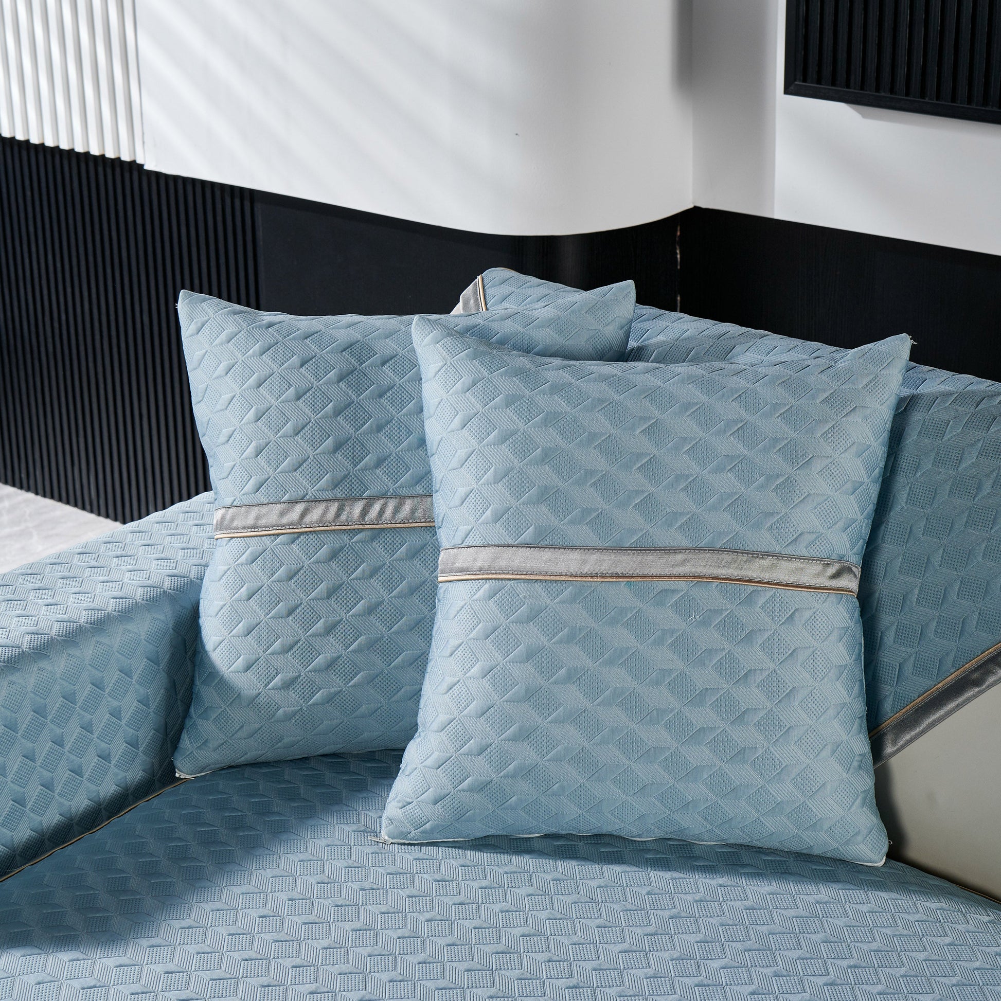 Geometric 3D Sofa Cover, Non-Slip Couch Protector for Seat, Backrest & Armrest in elegant blue with diamond pattern