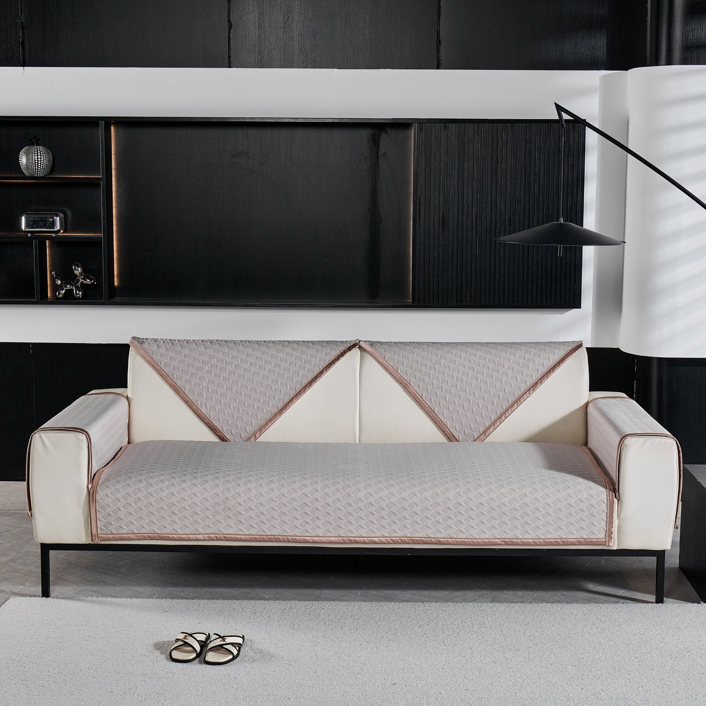 Geometric 3D Sofa Cover, Non-Slip Couch Protector for Seat, Backrest & Armrest in modern living room setting.