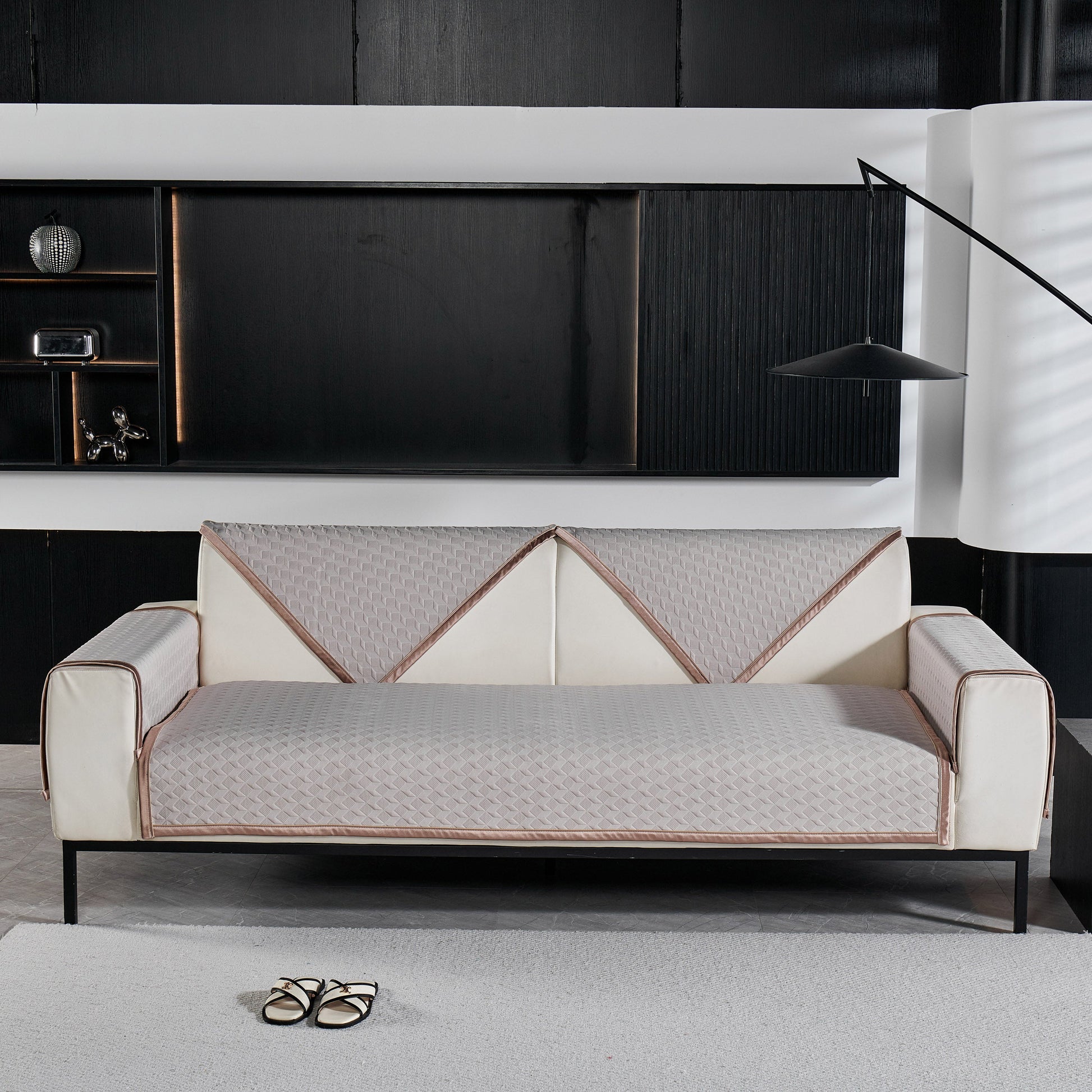 Geometric 3D Sofa Cover, Non-Slip Couch Protector for Seat, Backrest & Armrest in modern living room setting.