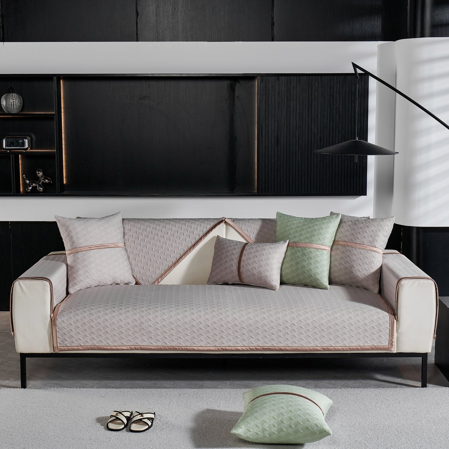 Geometric 3D Sofa Cover, Non-Slip Couch Protector for Seat, Backrest & Armrest in a modern living room setting.