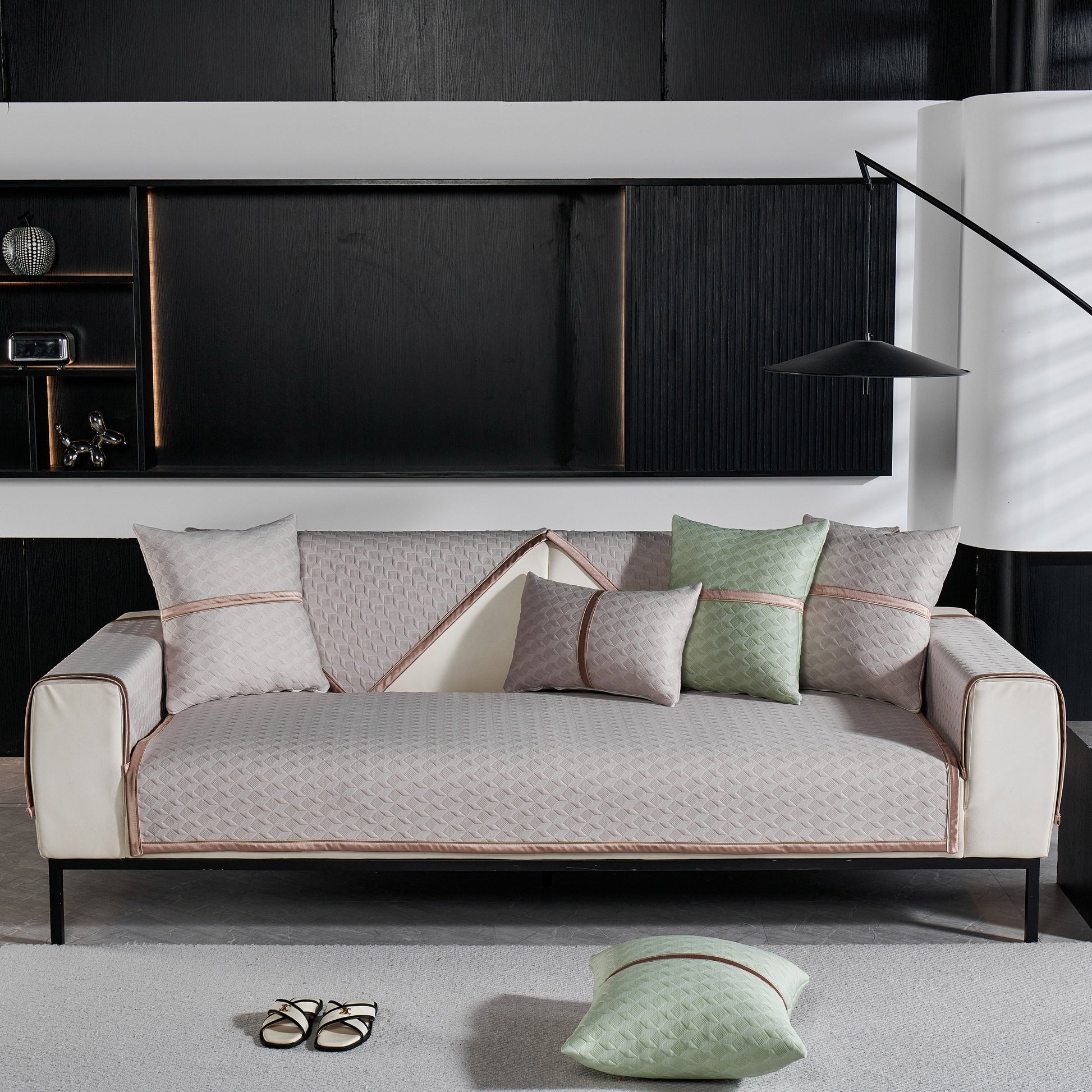 Geometric 3D Sofa Cover, Non-Slip Couch Protector for Seat, Backrest & Armrest in a modern living room setting.