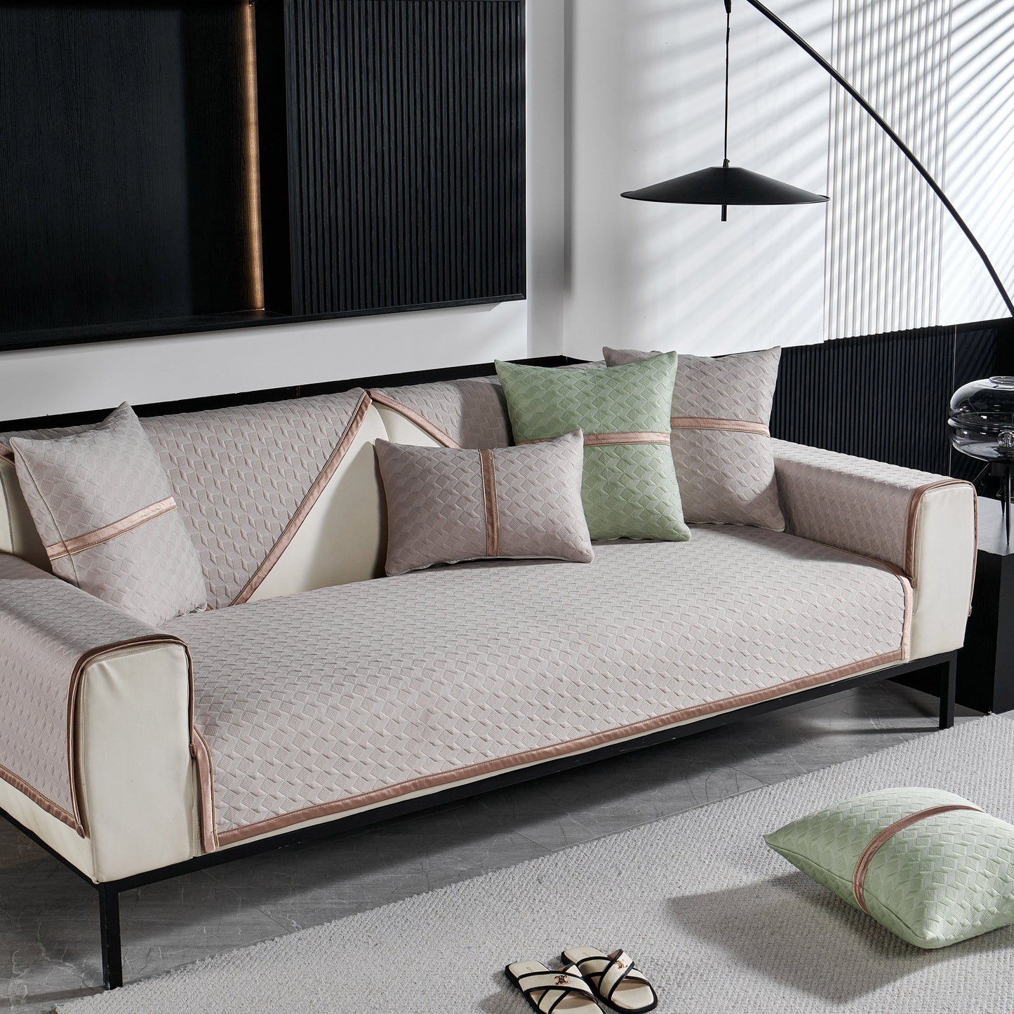 Geometric 3D Sofa Cover, Non-Slip Couch Protector for Seat, Backrest & Armrest displayed in modern living room setting