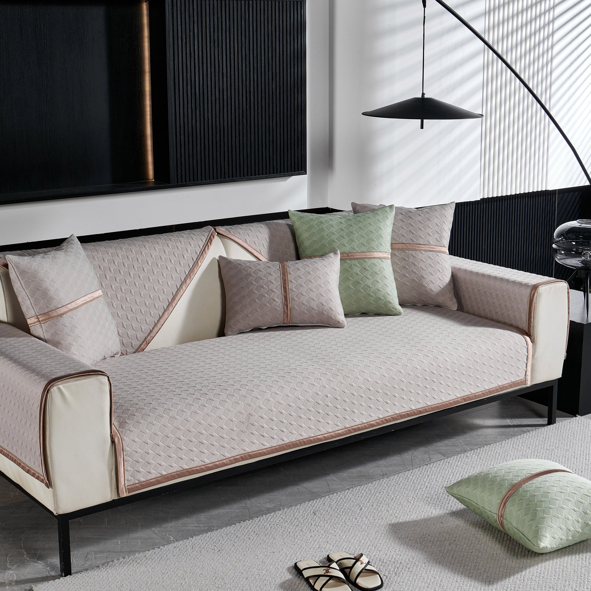 Geometric 3D Sofa Cover, Non-Slip Couch Protector for Seat, Backrest & Armrest displayed in modern living room setting
