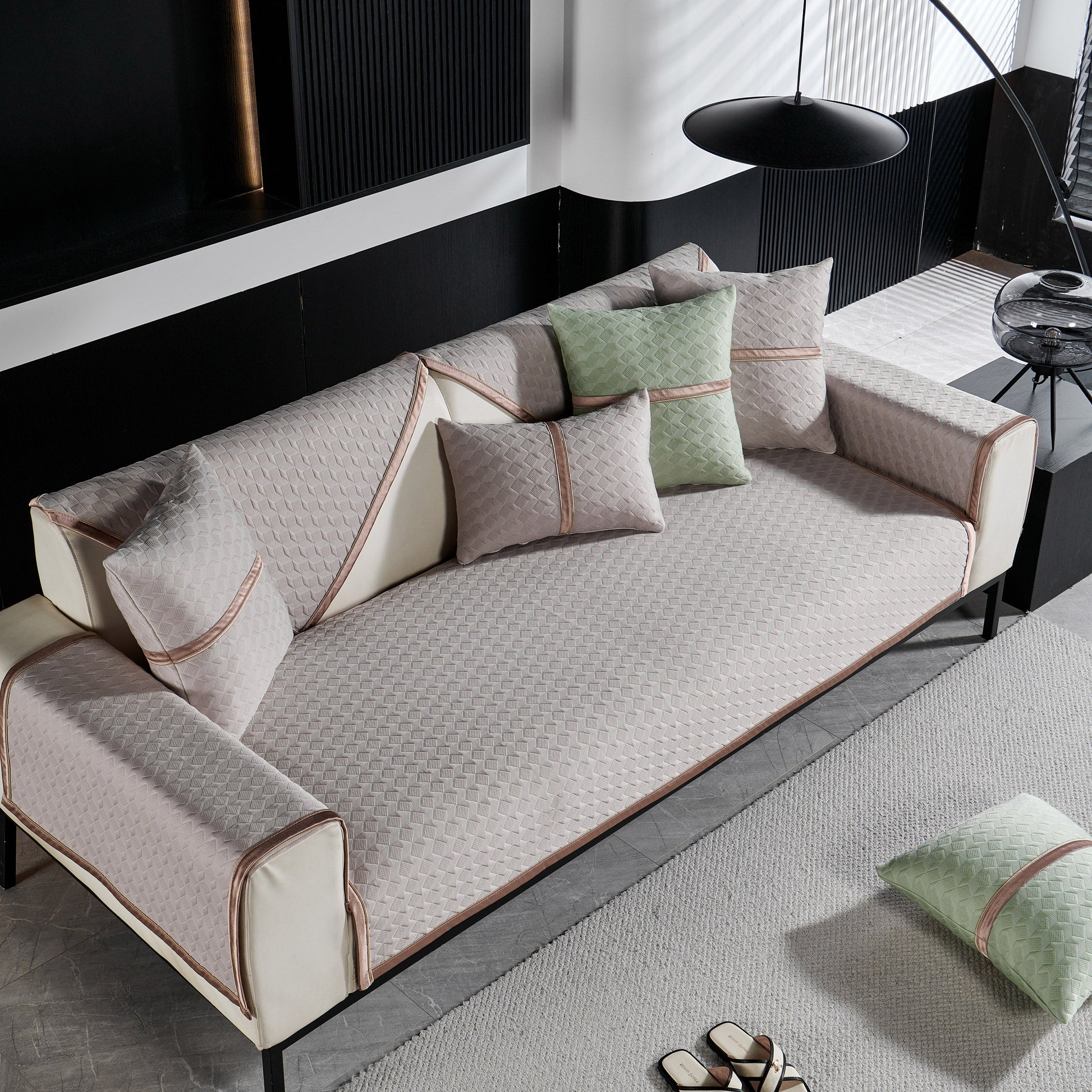 Geometric 3D Sofa Cover, Non-Slip Couch Protector for Seat, Backrest & Armrest on luxury sofa in modern living room.