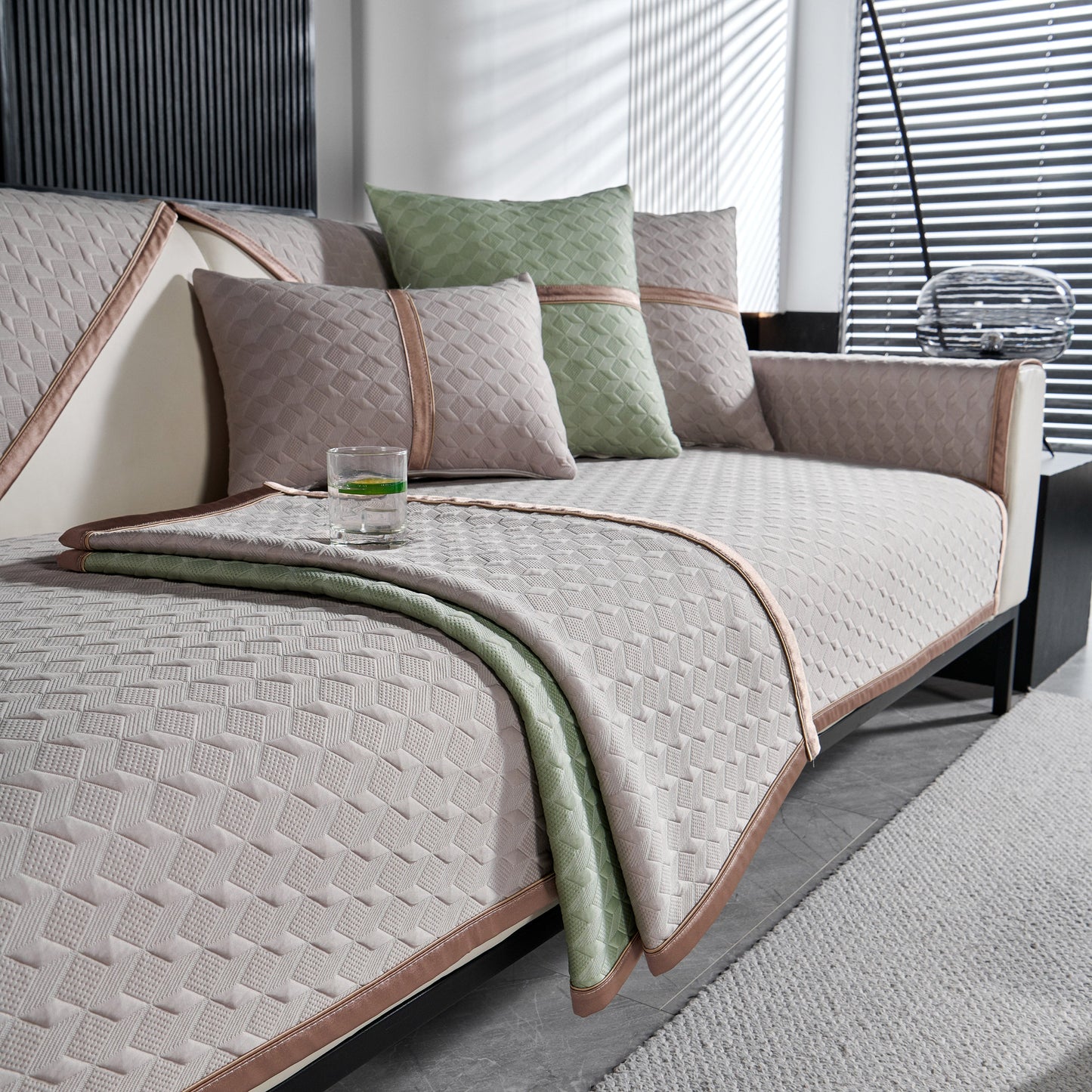 Geometric 3D Sofa Cover, Non-Slip Couch Protector for Seat, Backrest & Armrest with diamond quilted design in living room.