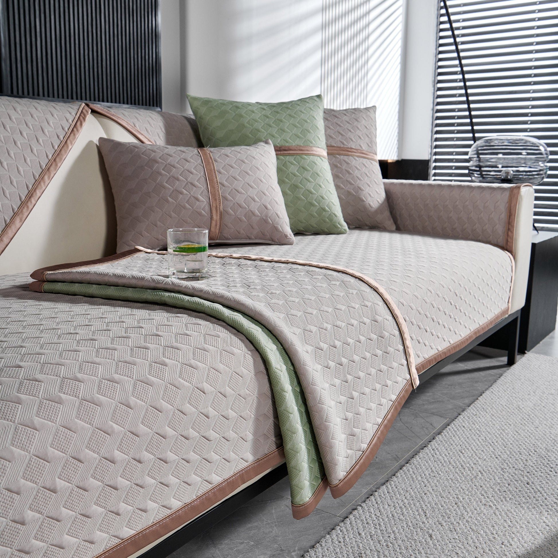 Geometric 3D Sofa Cover, Non-Slip Couch Protector for Seat, Backrest & Armrest with diamond quilted design in living room.