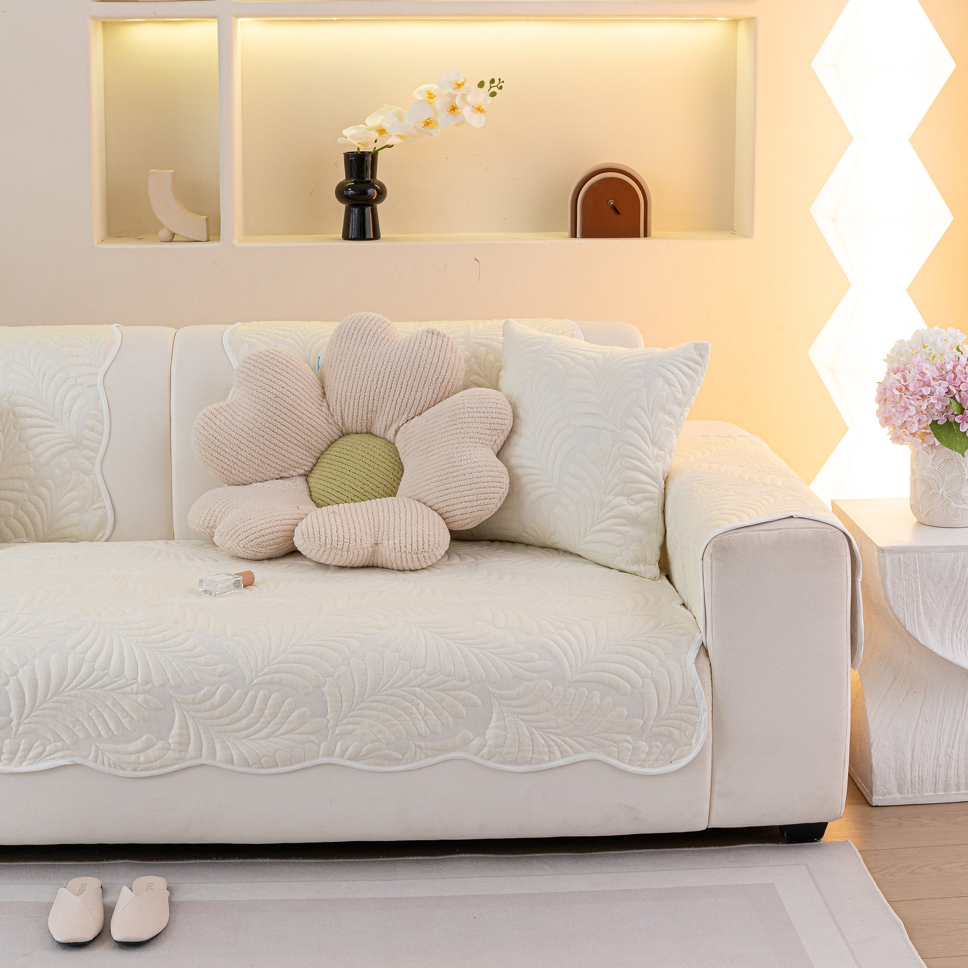 Sofa Cover for Leather & Fabric Couches, 3D Leaf Embossed Quilted Furniture Covers on white couch