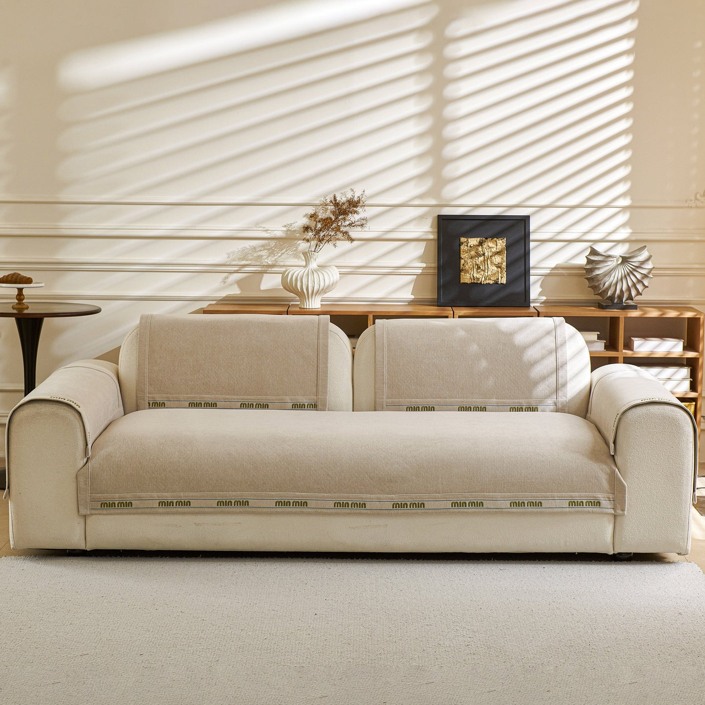 Chenille Sofa Cover Pet Mat, Non-Slip Couch Protector for Sectional & L-Shaped Sofas in neutral living room.