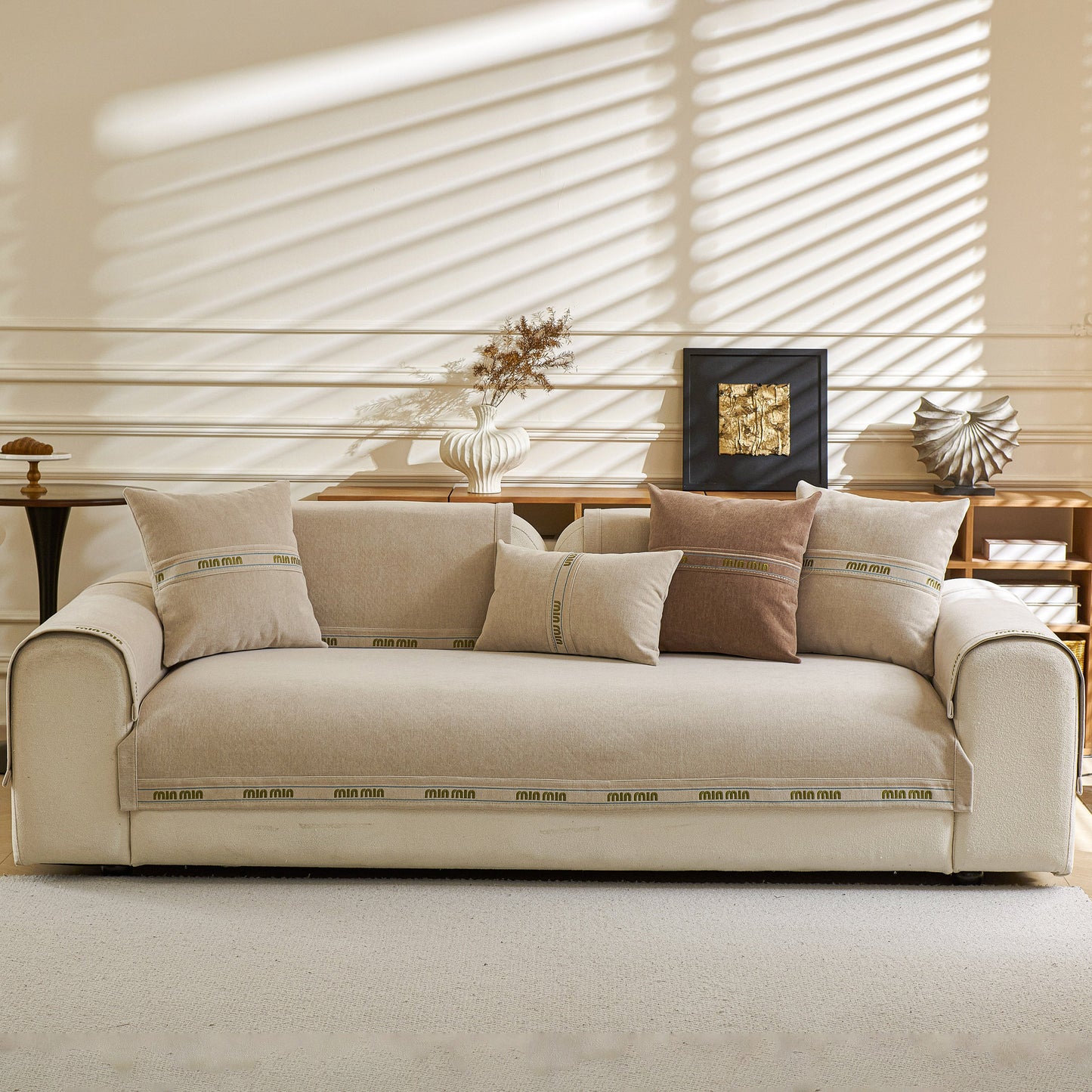 Chenille Sofa Cover Pet Mat, Non-Slip Couch Protector for Sectional & L-Shaped Sofas in living room setting with cushions