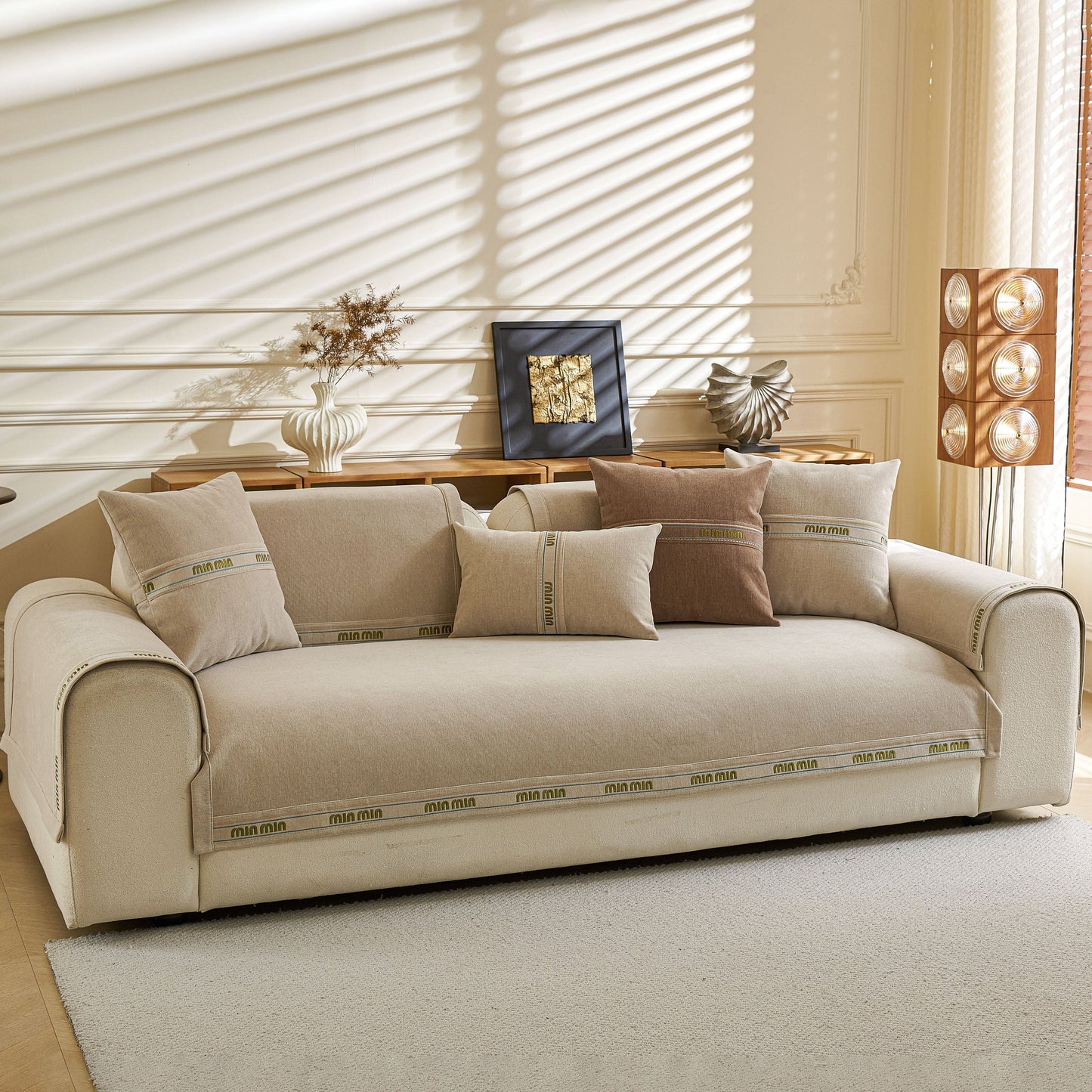 Chenille Sofa Cover Pet Mat, Non-Slip Couch Protector for Sectional & L-Shaped Sofas on beige sofa in elegant living room