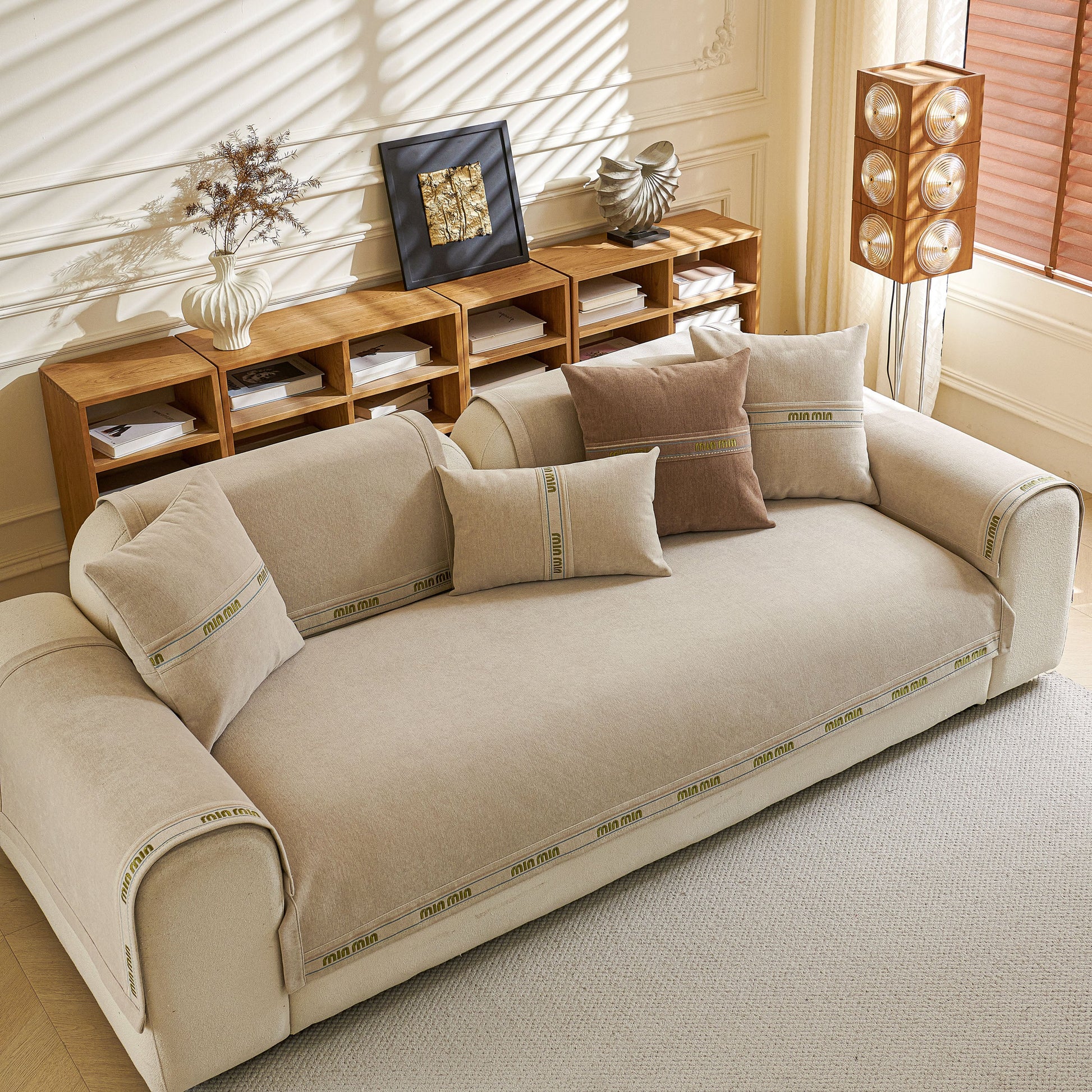 Chenille Sofa Cover Pet Mat, Non-Slip Couch Protector for Sectional & L-Shaped Sofas in a modern living room setting.