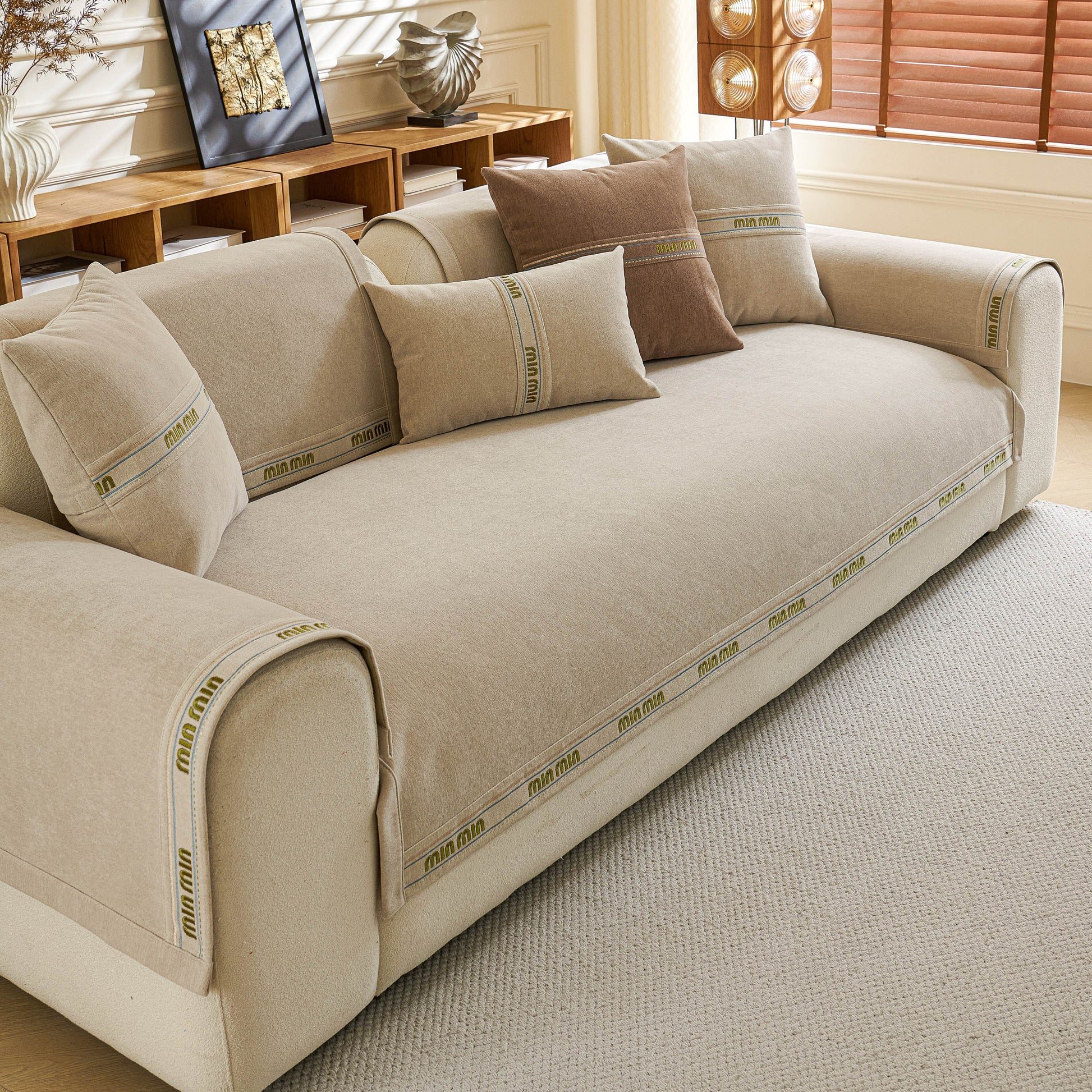 Chenille Sofa Cover Pet Mat, Non-Slip Couch Protector for Sectional & L-Shaped Sofas in a living room setting