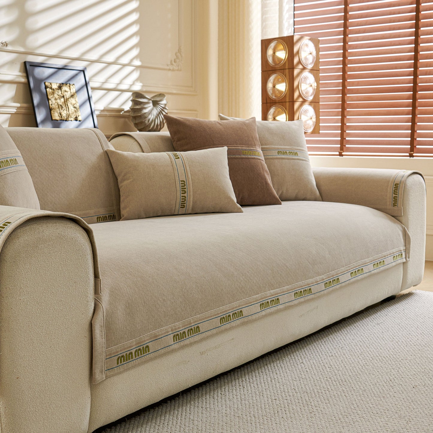 Chenille Sofa Cover Pet Mat, Non-Slip Couch Protector for Sectional & L-Shaped Sofas in textured neutral design on modern sofa