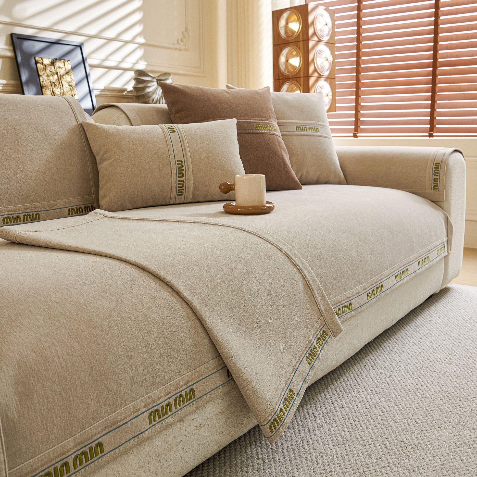 Chenille Sofa Cover Pet Mat, Non-Slip Couch Protector for Sectional & L-Shaped Sofas in living room setting
