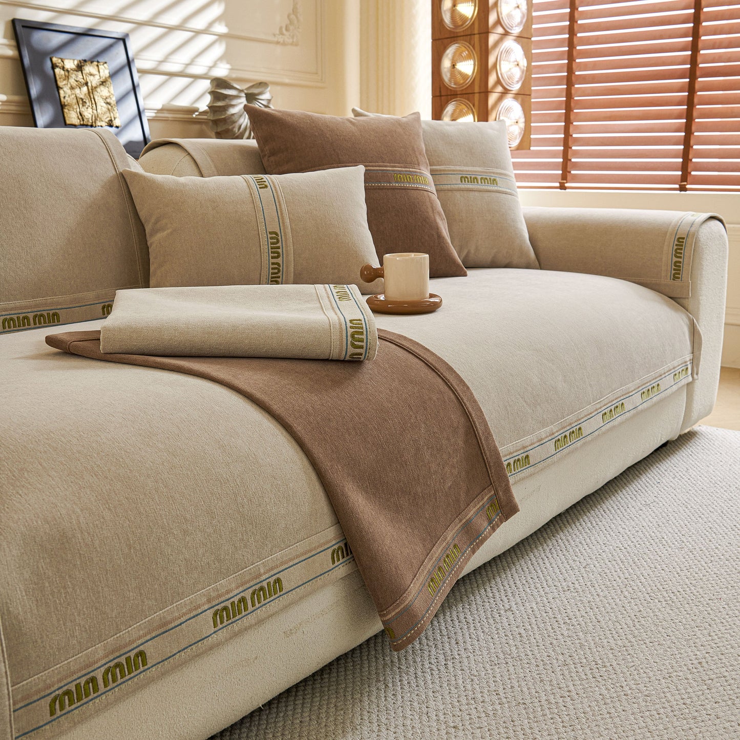 Chenille Sofa Cover Pet Mat, Non-Slip Couch Protector for Sectional & L-Shaped Sofas on beige sofa with cushions