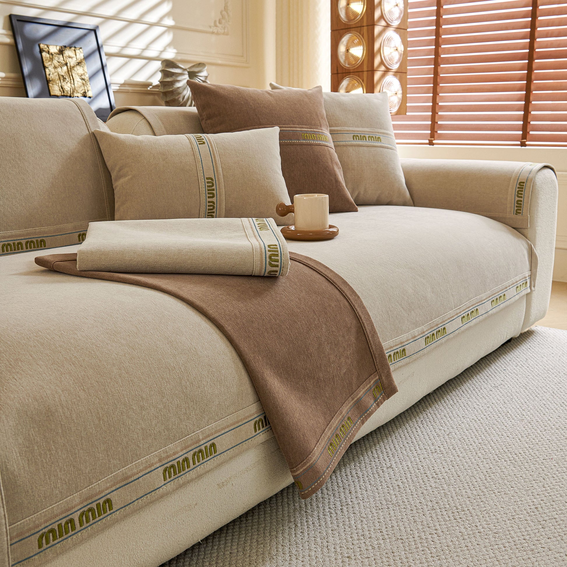 Chenille Sofa Cover Pet Mat, Non-Slip Couch Protector for Sectional & L-Shaped Sofas on beige sofa with cushions
