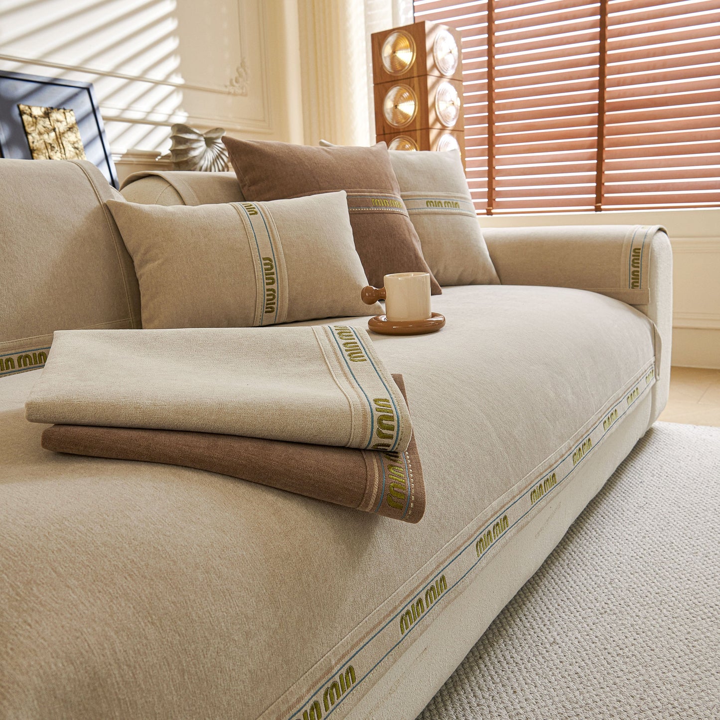 Neutral tone living room with Chenille Sofa Cover Pet Mat, Non-Slip Couch Protector for Sectional & L-Shaped Sofas.