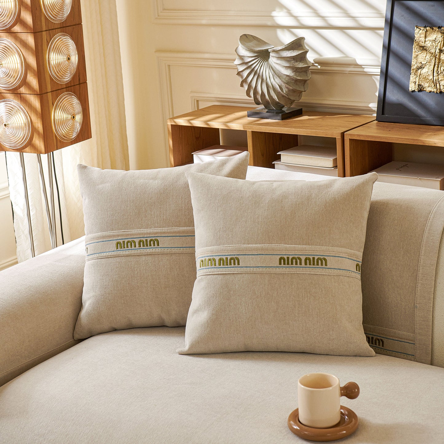 Chenille Sofa Cover Pet Mat, Non-Slip Couch Protector for Sectional & L-Shaped Sofas with decorative pillows on a beige couch.