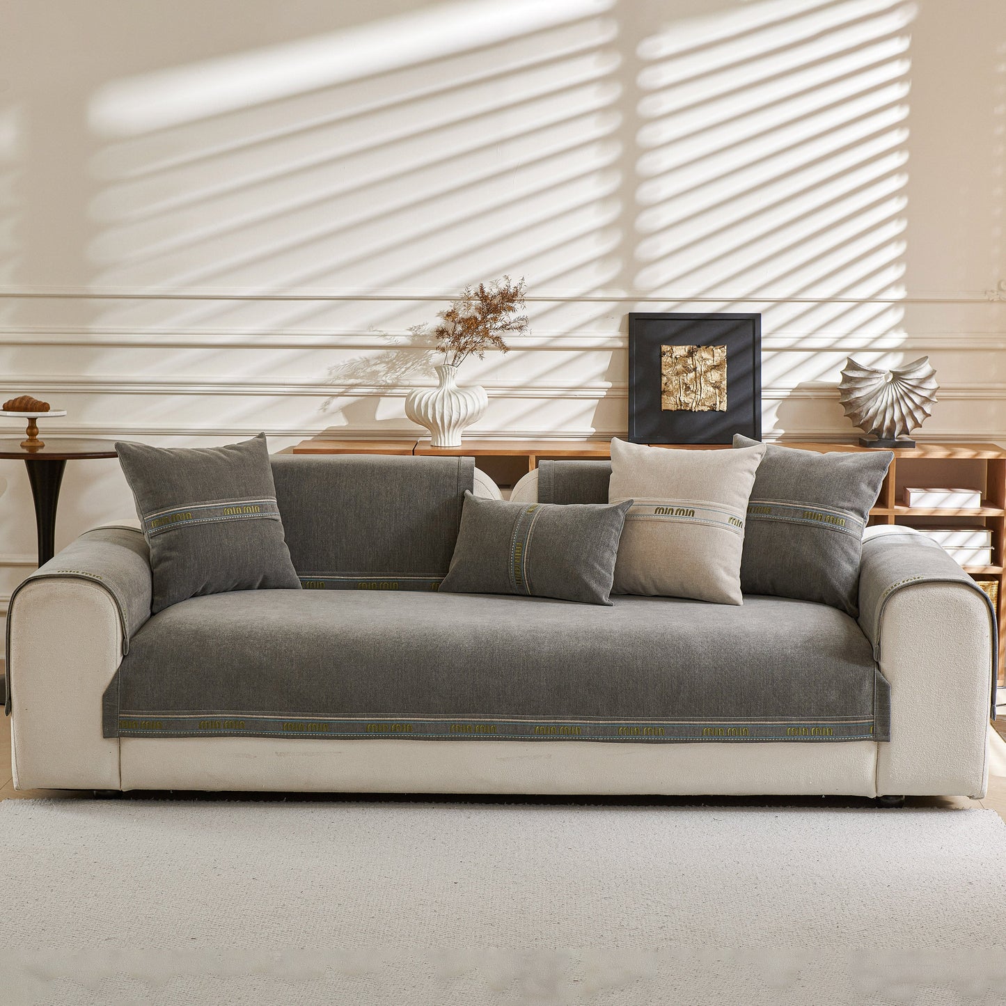 Chenille Sofa Cover Pet Mat, Non-Slip Couch Protector for Sectional & L-Shaped Sofas in a modern living room setting