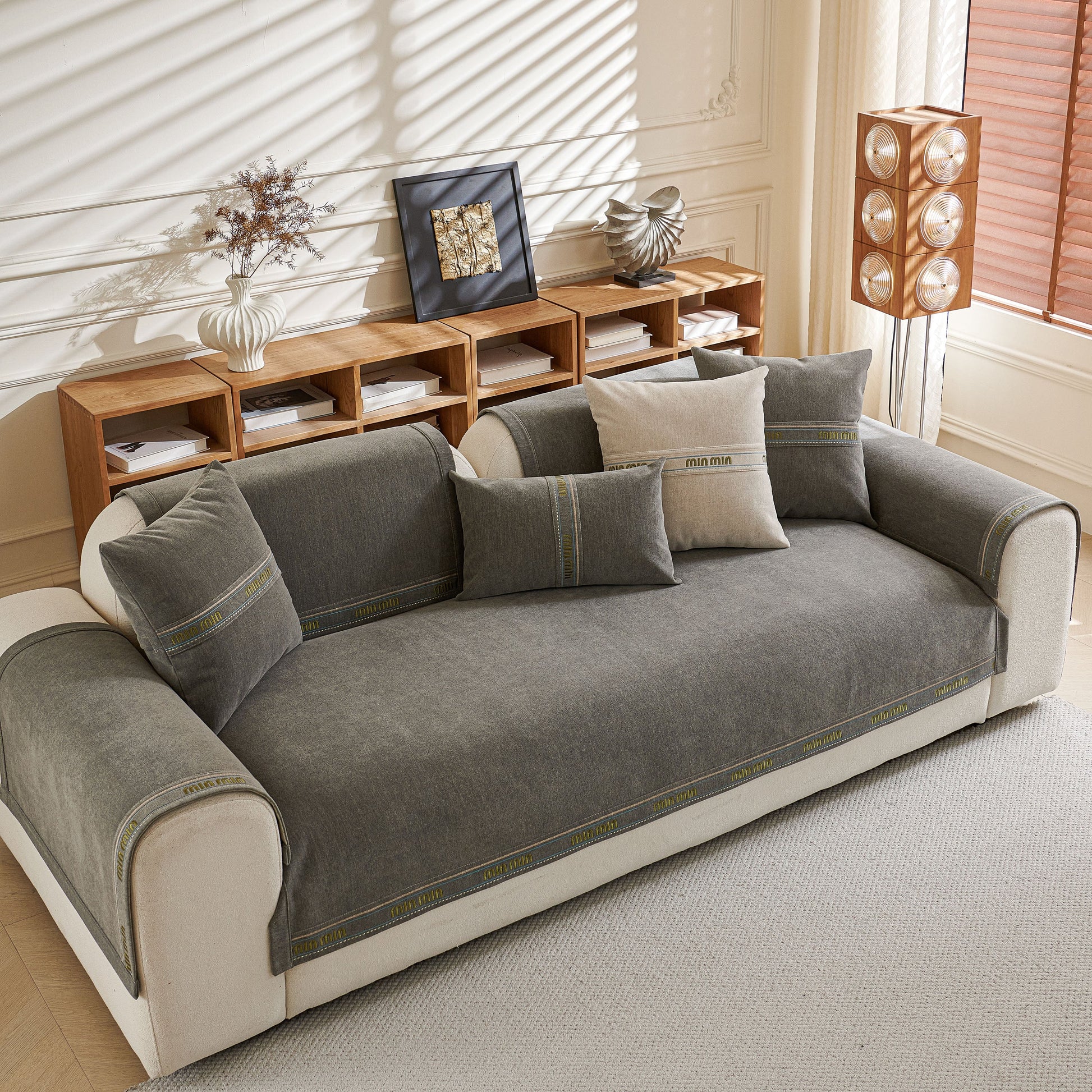 Chenille Sofa Cover Pet Mat, Non-Slip Couch Protector for Sectional & L-Shaped Sofas with pillows on a white sofa