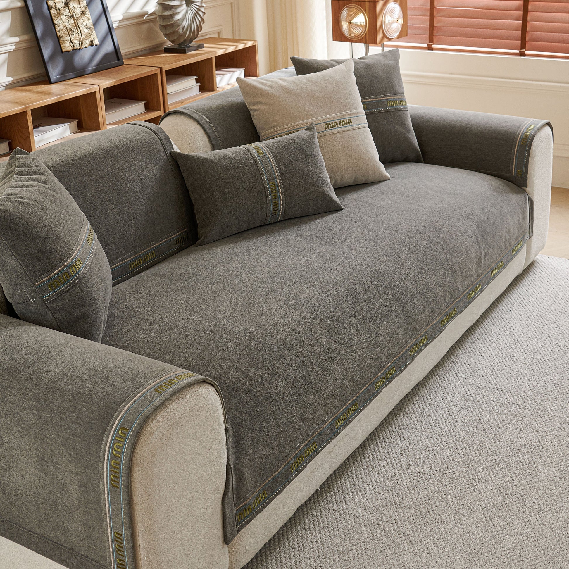 Chenille Sofa Cover Pet Mat, Non-Slip Couch Protector for Sectional & L-Shaped Sofas in grey, displaying textured design.