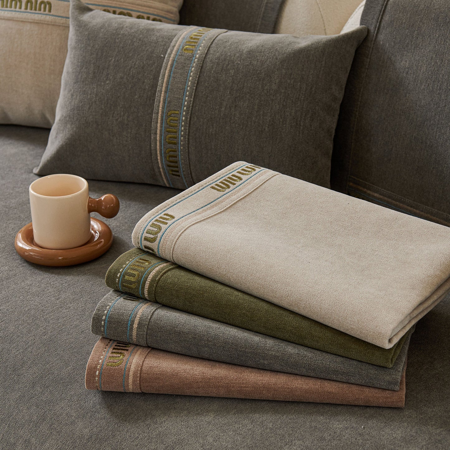 Chenille Sofa Cover Pet Mat, Non-Slip Couch Protector for Sectional & L-Shaped Sofas in neutral tones on a textured sofa.
